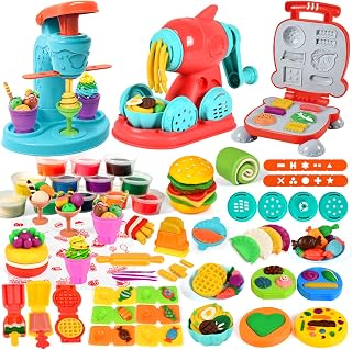 ZYYBQW 3-in-1 Color Dough Set for Kids 2-8: 59pcs Ice Cream Noodle Burger Playset with Safe Tools - Toddler Pretend Kitchen Toys