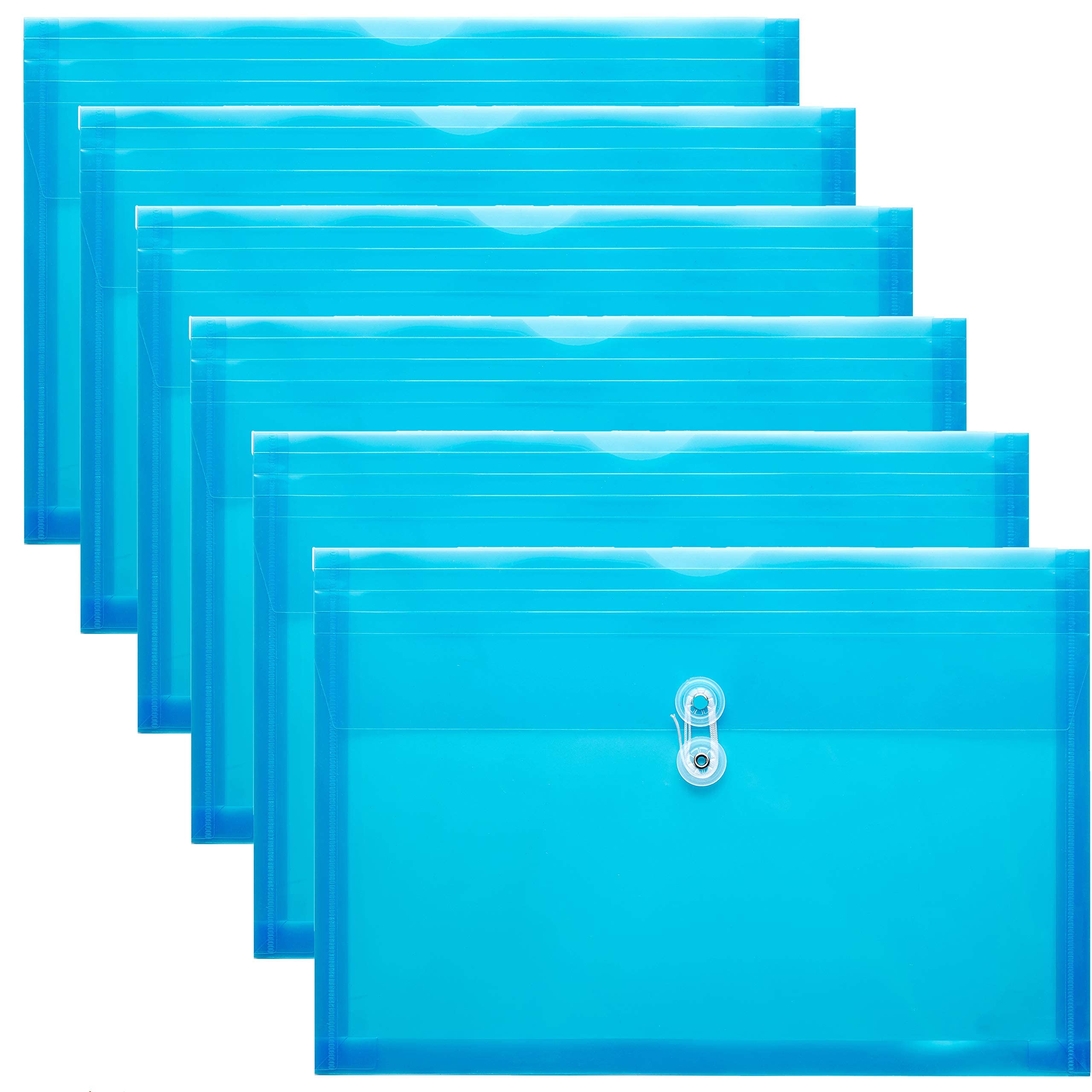 FANWU Plastic Legal Size Envelopes with String Tie Closure, 1-1/4" Expansion, Side Load, Clear File Folders Poly Project Paper Documents Puzzle Organizer for Office School Home (Blue -6 Pack)