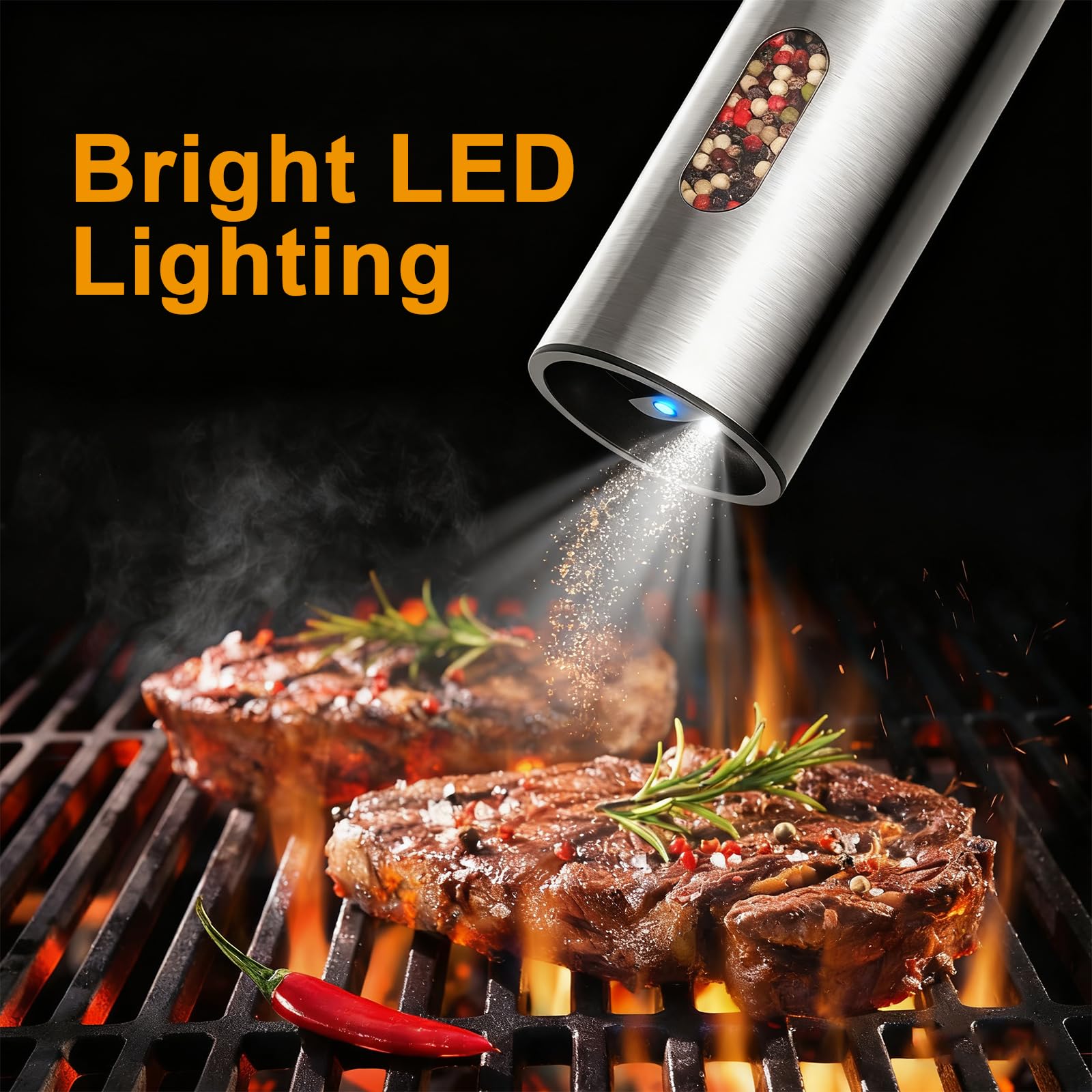 Moulin à Sel et Poivre Electrique, SINZONeu® Set en Acier Inoxydable avec Base de Charge USB-C, 5 Niveaux de Broyage, Capacité XL 110ml, Lumière LED pour Cuisine