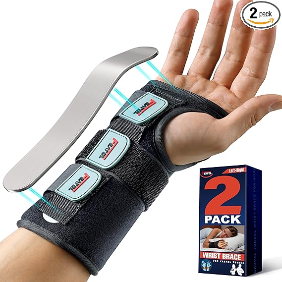 FEATOL Carpal Tunnel Wrist Brace Night Support 2 Pack - Wrist Splint for Pain Relief Tendonitis, Sprained, Arthritis - Metal Splint Stabilizer With Hand Brace -FOR Sleeping Women Men -Right&Left(M/L)