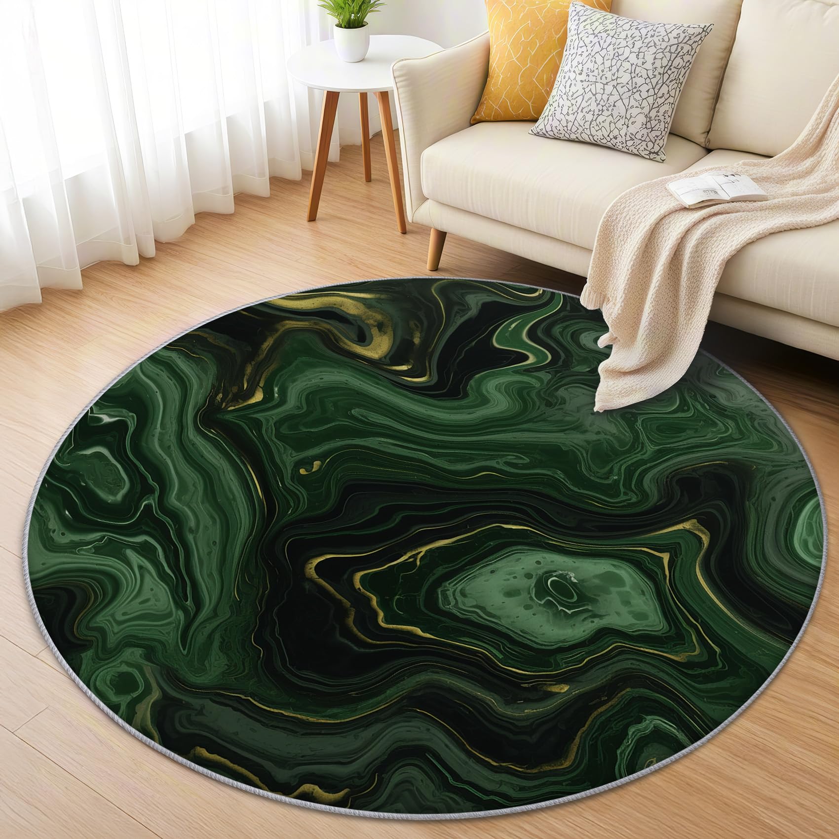 Grün Marmor Teppich Rund 200cm Kurzflor - Waschbare Teppiche Wohnzimmer Marmor Optik - Runder Teppich 200 cm Durchmesser Kinderzimmer - Bettvorleger Schlafzimmer rutschfest Weich
