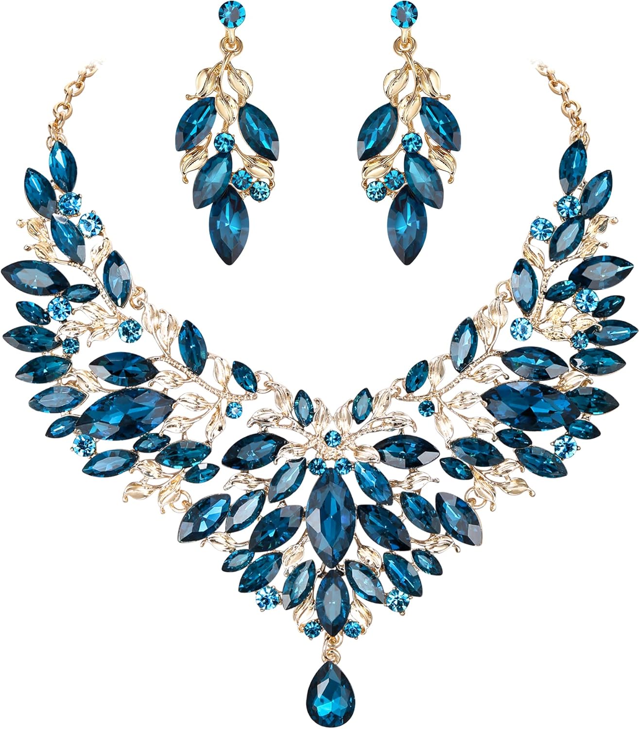 BriLove Wedding Bridal Crystal Rhinestones Marquise Cluster Statement Necklace Dangle Earrings Jewelry Set for Women