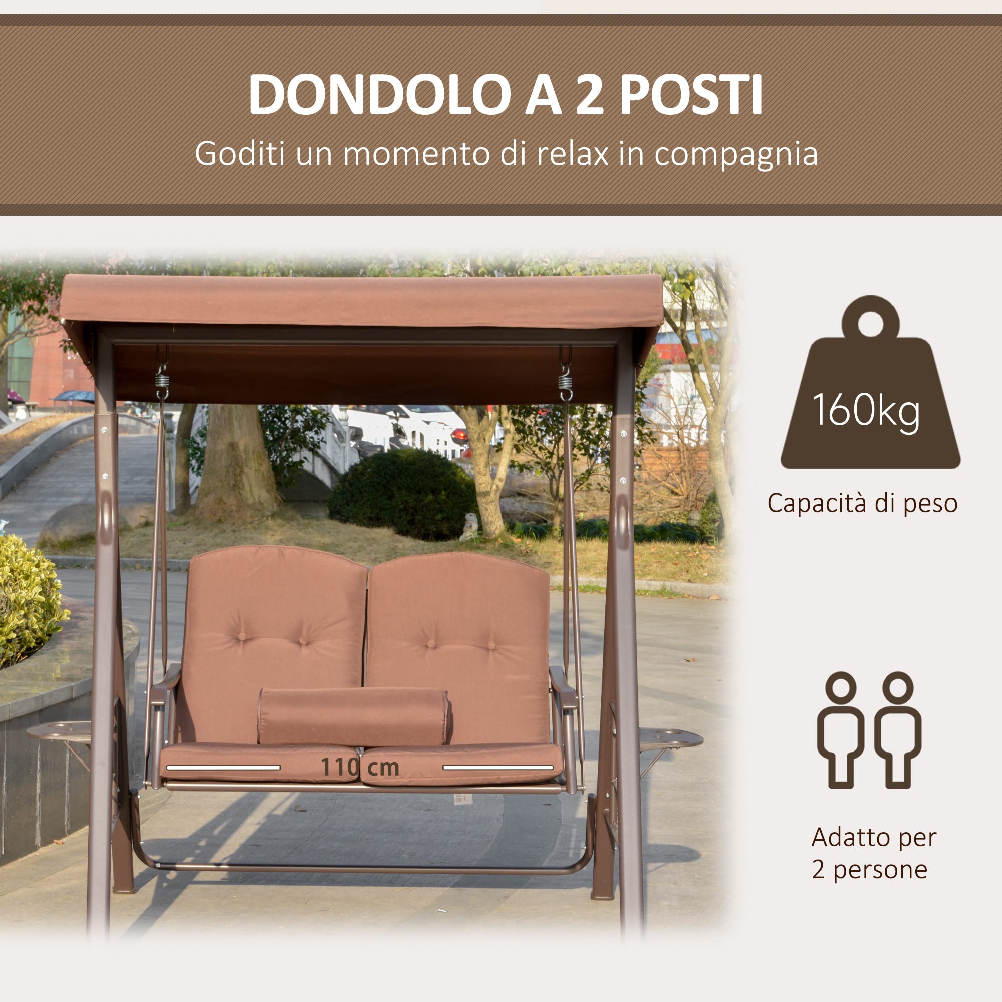 Outsunny Dondolo da Giardino 2 Posti con Tettuccio Regolabile e Vassoio Porta Bicchieri, in Acciaio e Poliestere, 157x118x180cm, Marrone