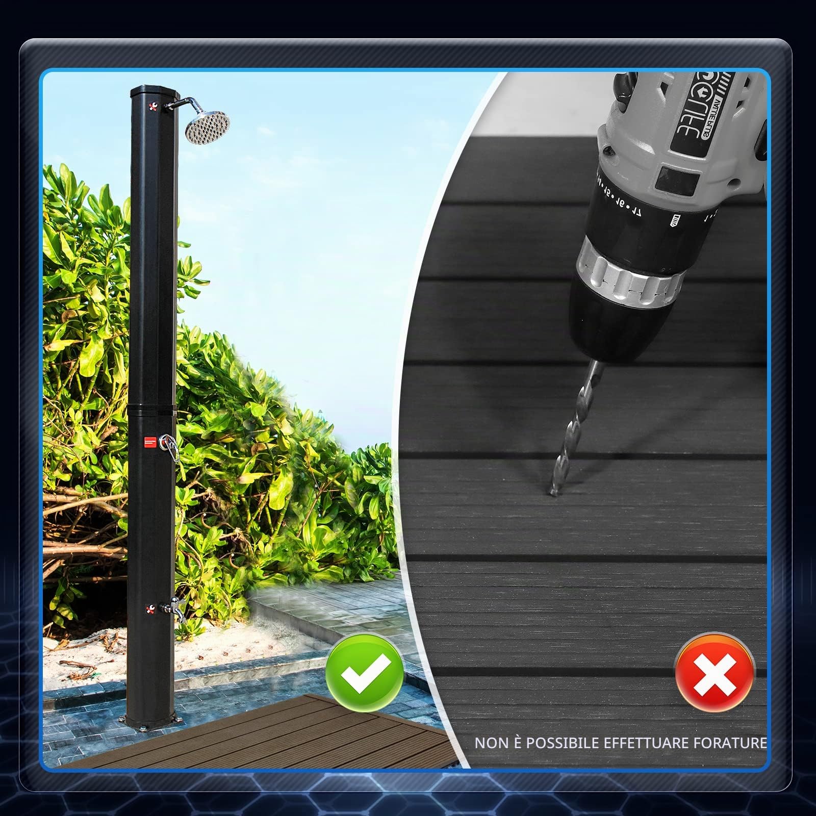 CCLIFE Doccia Solare da Giardino con Pavimento in WPC 40 L, Doccia fotovoltaica/Solare da Esterno con Rubinetto e soffione a Pioggia, con Guscio di Protezione Acqua Calda Fino a 60 °C