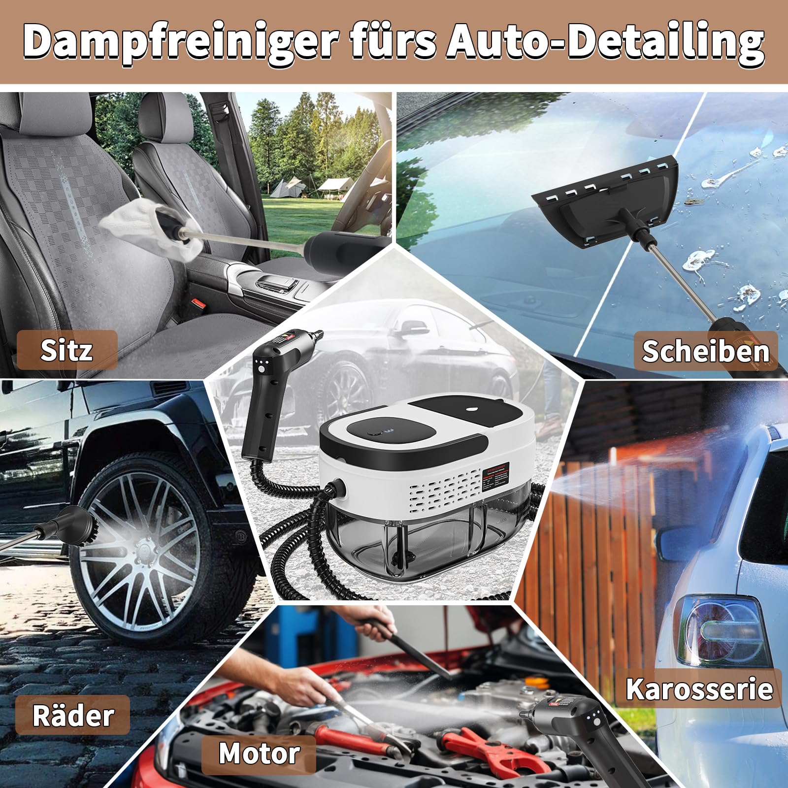 Dampfreiniger Handgerät, 2500W Handdampfreiniger mit 1,6-Liter-Wassertank, 15 Sekunden Aufheizzeit, Dampfabgabe vom Handgriff aus, 16 Zubehörteilen, Steam Cleaner für Alles, Autos, Weiß