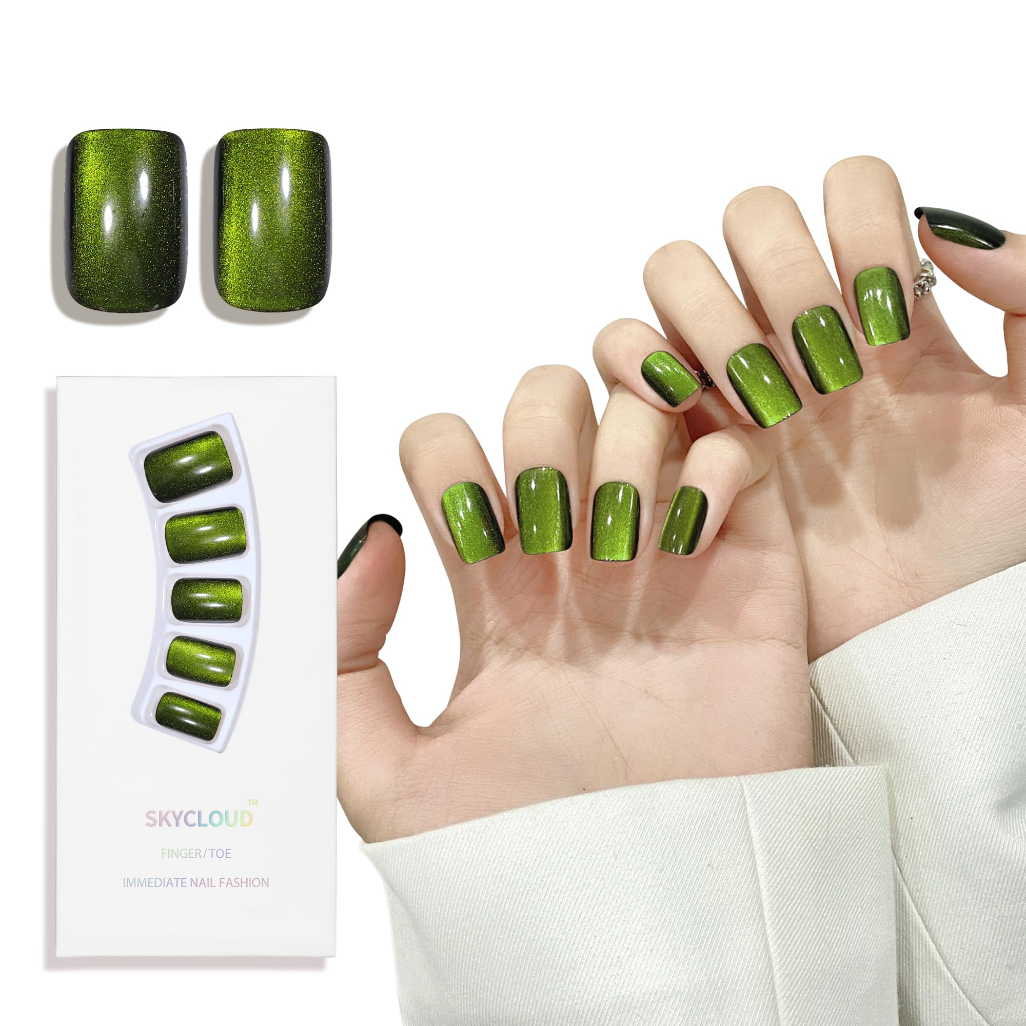 Green Cat Eyes Press On Nails,12 Sizes - 24 Pcs Soft Gel Green Medium Square Fake Nails Kit with Nail Glue, Natural Reusable Stick On False Nails for