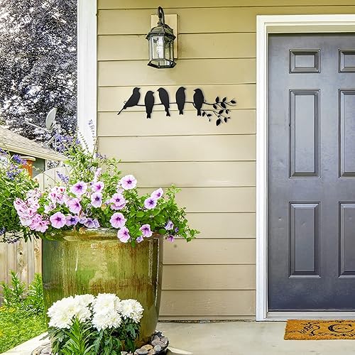 Vista 5 de Ferraycle Arte de pared de pájaro de metal, pájaros en rama con hojas, letrero de metal para colgar en la pared para balcón, jardín, decoración