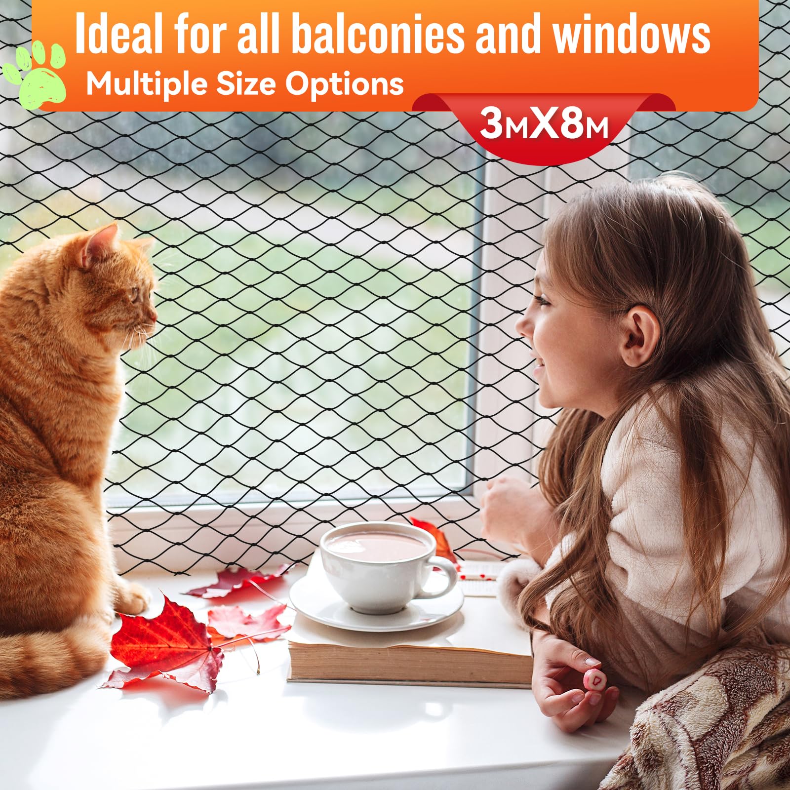 CENOVE Red para Gatos Reforzada con Alambre, 8x3m Red Protección para Gatos Terraza de sin Taladro para Balcones, Ventanas, Tragaluces y Puertas