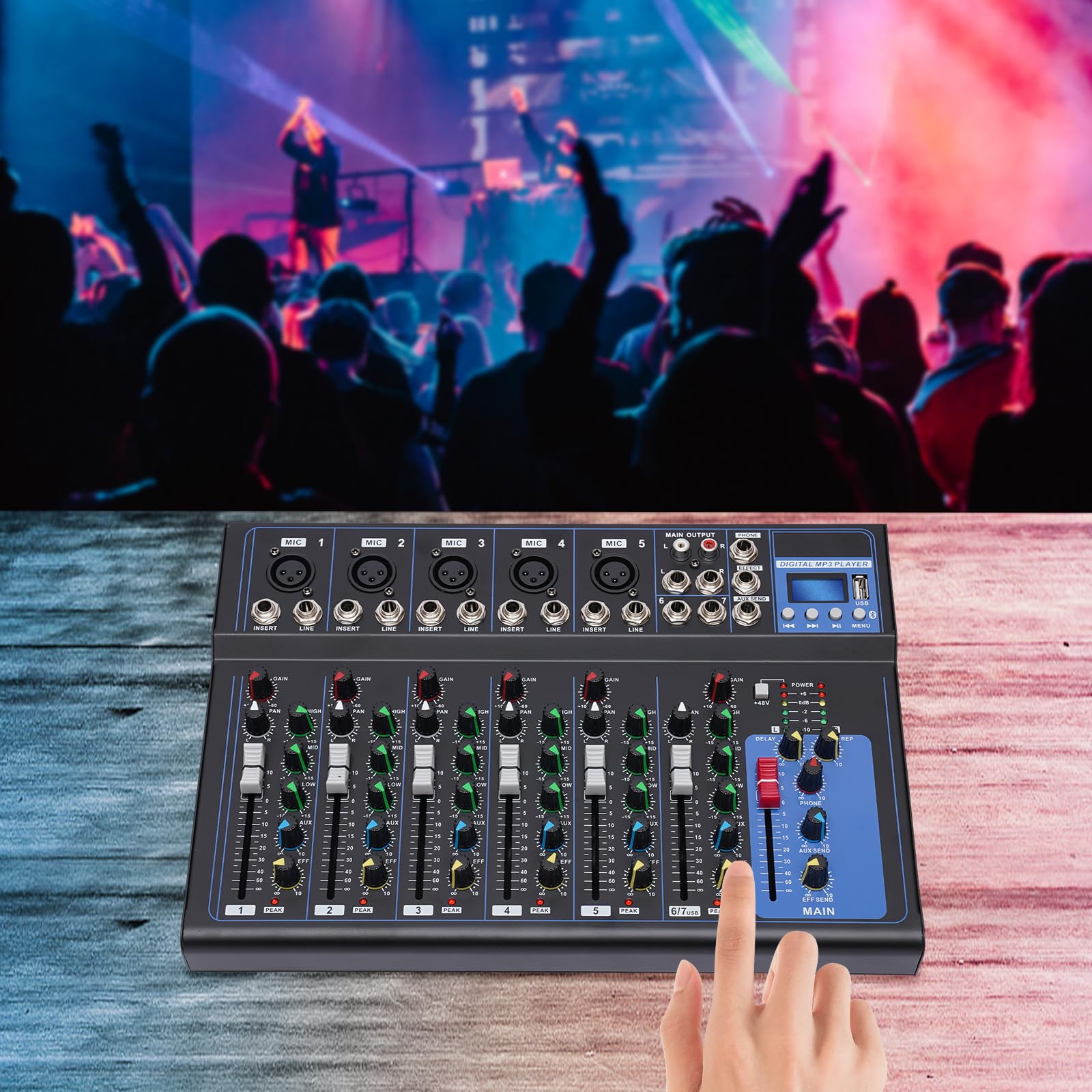 Consola de mezclas de audio de 7 canales, amplificador USB DJ Live Mixer Studio Bluetooth para reuniones familiares, karaoke, actividades de DJ, espectáculos de banda, actividades en campus, estudios