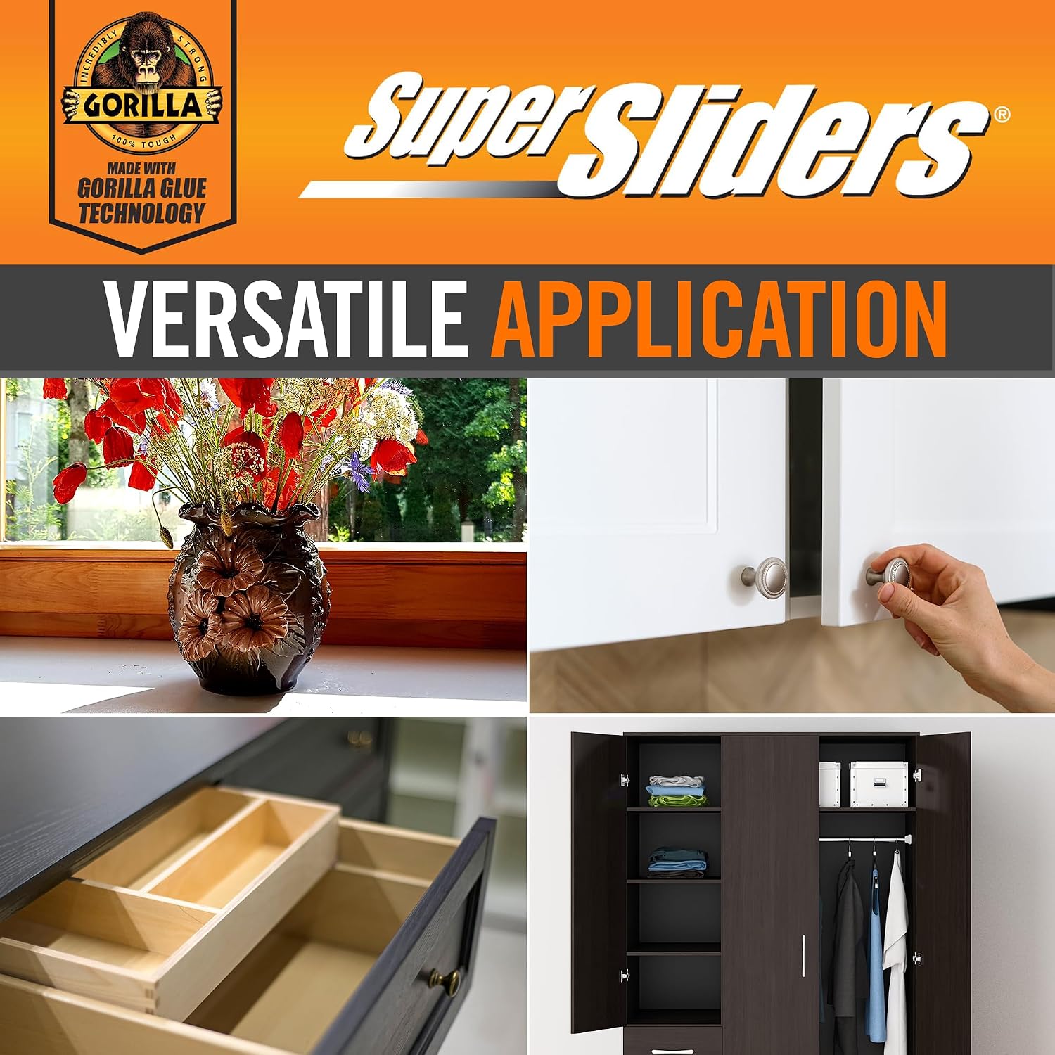 Super Sliders Gorilla Glue Clear Self-Stick Bumper Pads, 3/4" Square Adhesive Cabinet Door Bumpers, Furniture & Surface Protectors, Noise Reducing Rubber Pads, Strong Hold, (24, Clear)