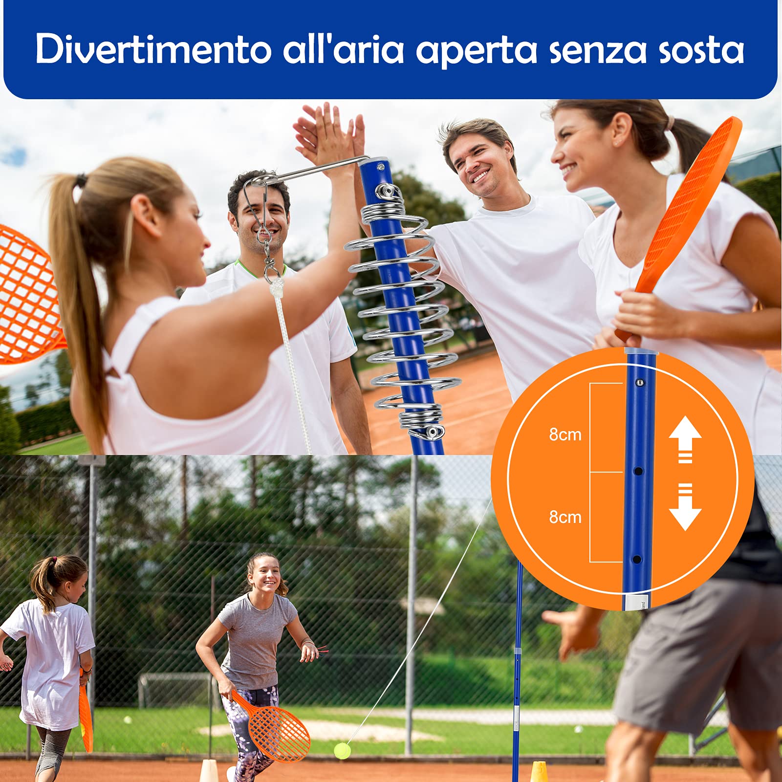 COSTWAY Set di Palline da Tennis, Gioco da Esterno con Palla Oscillante e 3 Livelli di Altezza Regolabili, con Palla, Braccio Girevole, 2 Racchette, Gioco Familiare per Bambini +5 Anni