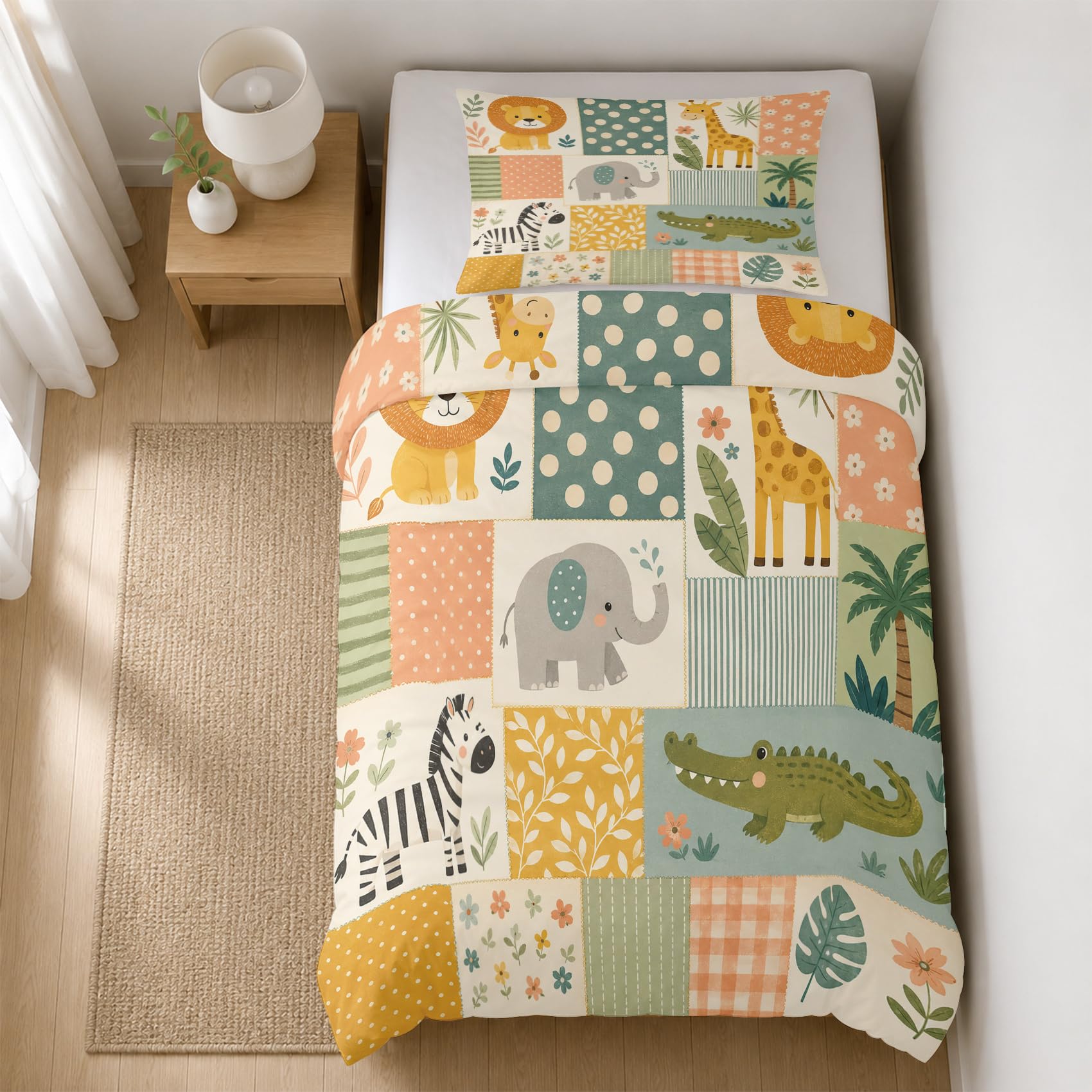 Kinder Safari Tiere Bettwäsche 135x200 Cartoon Patchwork Bettwäsche-Set