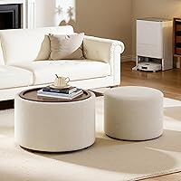 Vista 5 de Furniliving Juego de 2 otomanas de almacenamiento, otomanas redondas de lino de lujo con bandeja de madera, mesa de centro estética con taburete