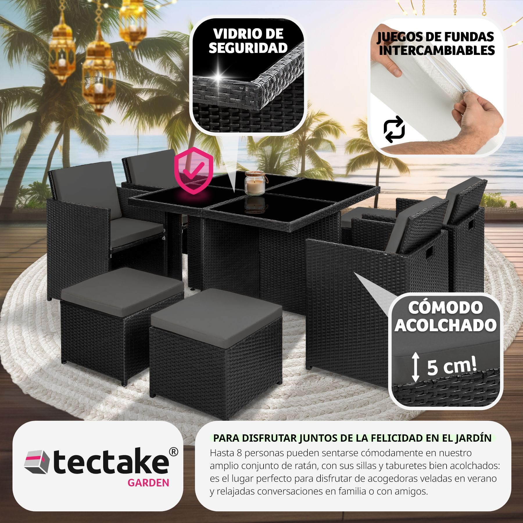 tectake® Conjunto Jardín Exterior de Ratán y Aluminio, Muebles Jardín Exterior Resistentes a la Intemperie, para hasta 8 Personas, con 2 Juegos de Fundas y Funda Protectora - Negro