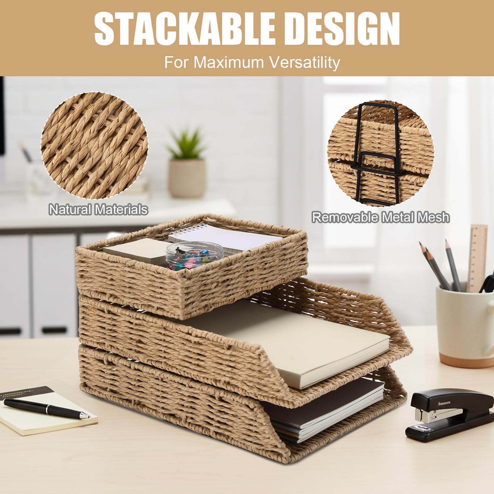 Geelin Paquete de 3 bandejas organizadoras de escritorio apilables para cartas, cesta de escritorio tejida para almacenamiento, carpetas de cartas, cuadernos, copias, impresión, soporte para espacio