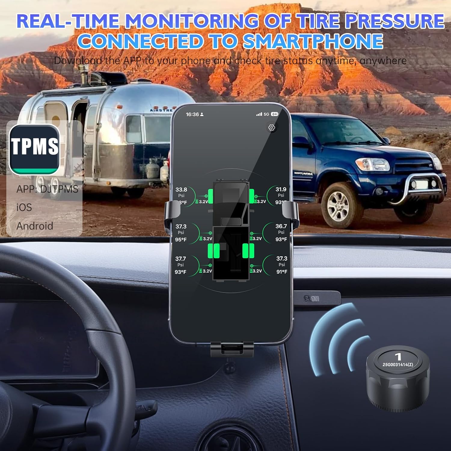 B-Qtech Tire Pressure Monitoring System, Wireless TPMS with 6 External Sensors for Car Truck RV Motorcycle, Real-time Pressure Temperature Display, Compatible with iOS & Android