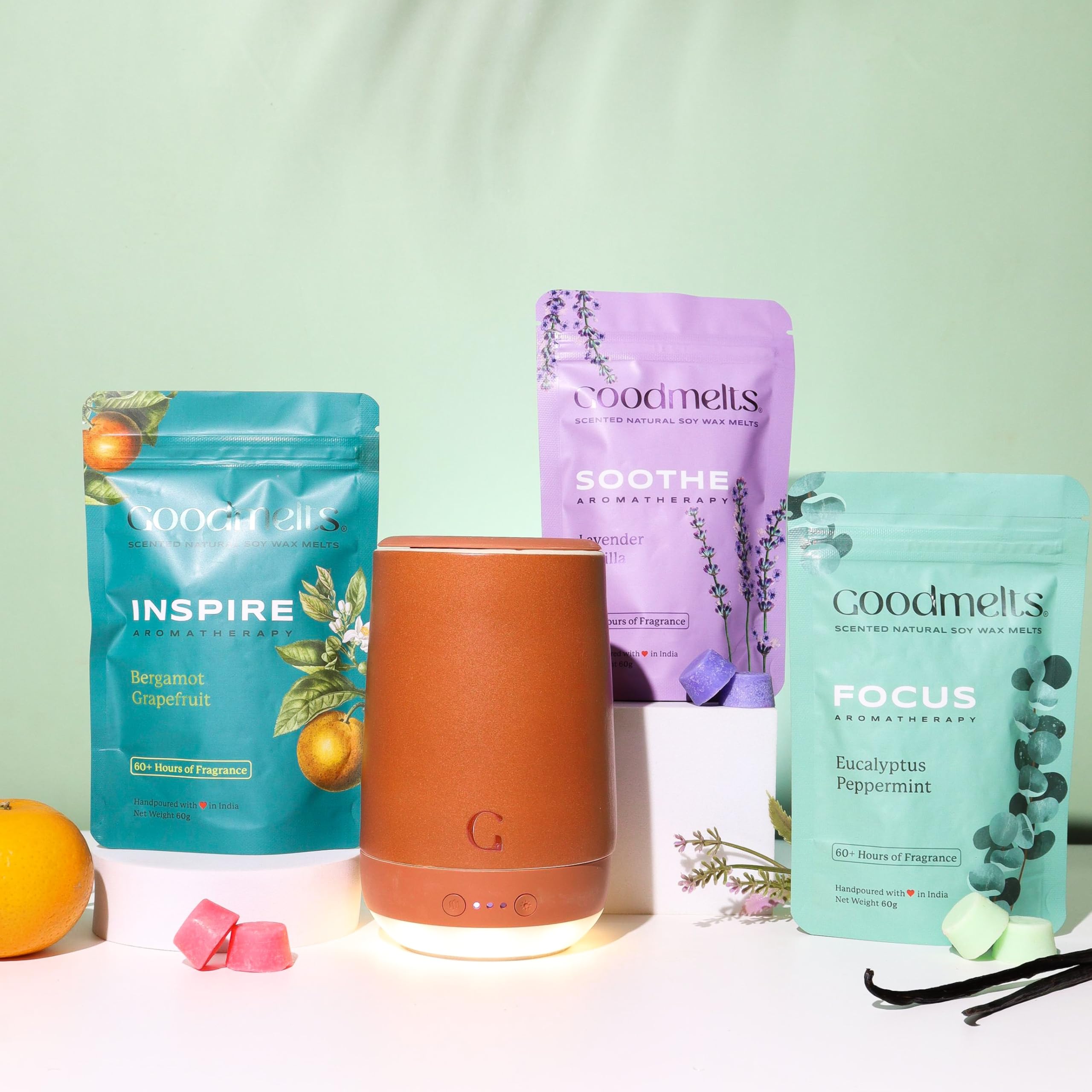 Aura Aromatherapy Terracotta Wax Melting Starter Kit - Ceramic Aroma Diffuser with 1 Warmer & 3 Scented Soy Melts (180+ Hours Scent Time) - Safe, Smoke-Free, Natural Home Fragrance