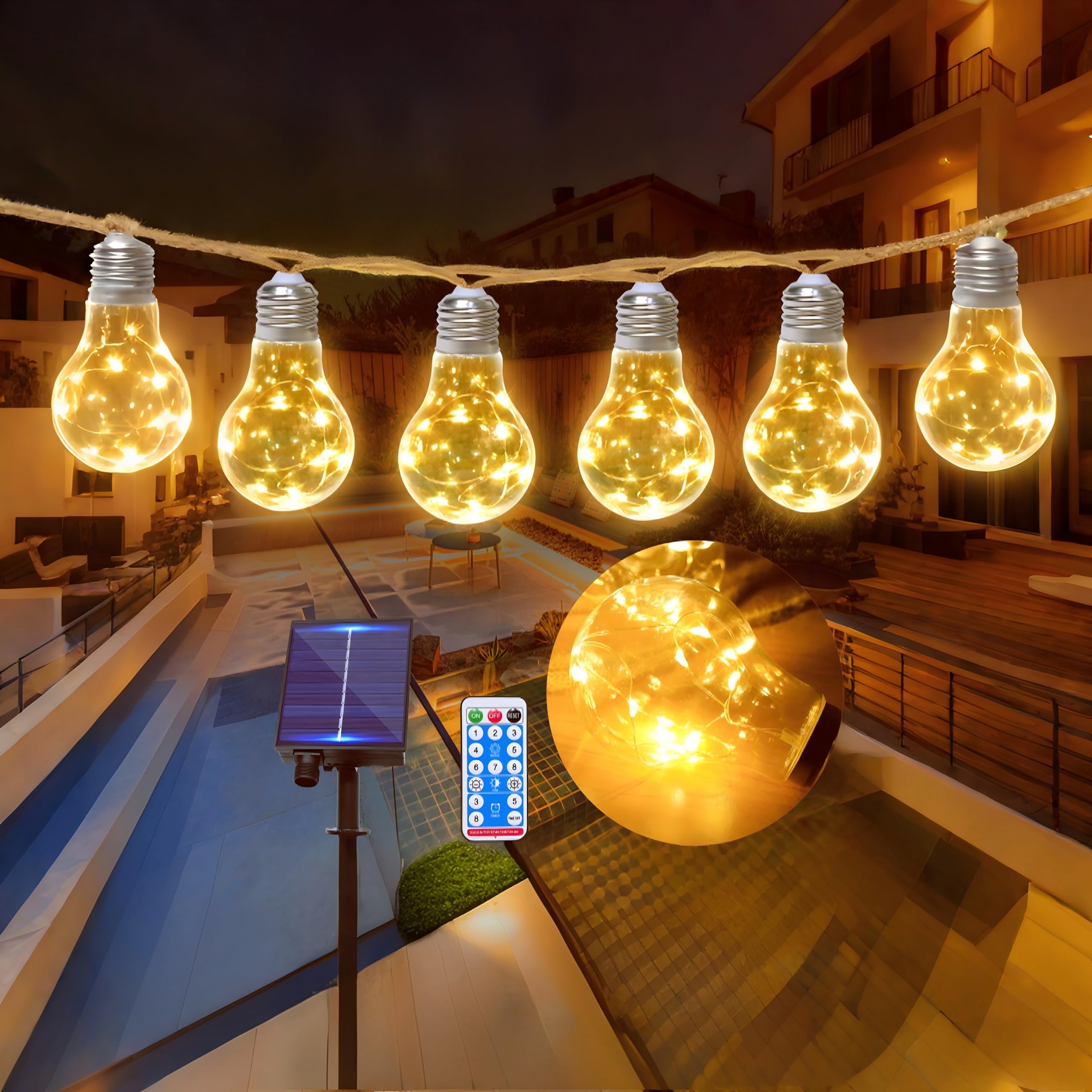 Catena Luminosa Esterno Solare A60 20-Lampadine 200Leds 12,5M Luci da Esterno con Corda di Canapa 8 Modalità con Telecomando IP65 Impermeabile Bianco Cald Lampada Solare da Esterno Catena Luci Esterno