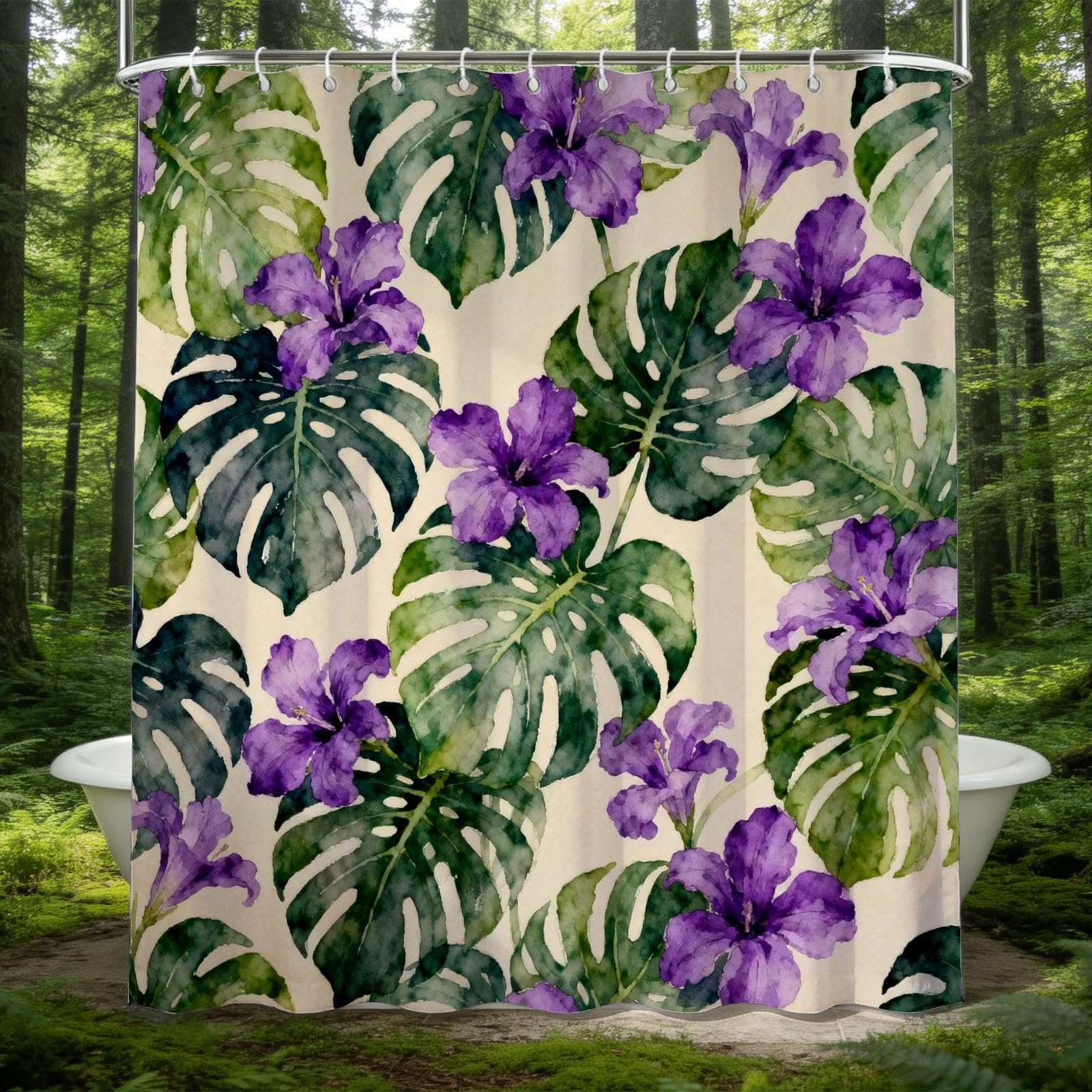 Hongduo 3D Monstera Shower Curtain for Stalls Bathtubs Nature Theme Bathroom Decor Shower Curtain Set Polyester Fabric Waterproof 180x200cm/71X79 Inch with Hooks