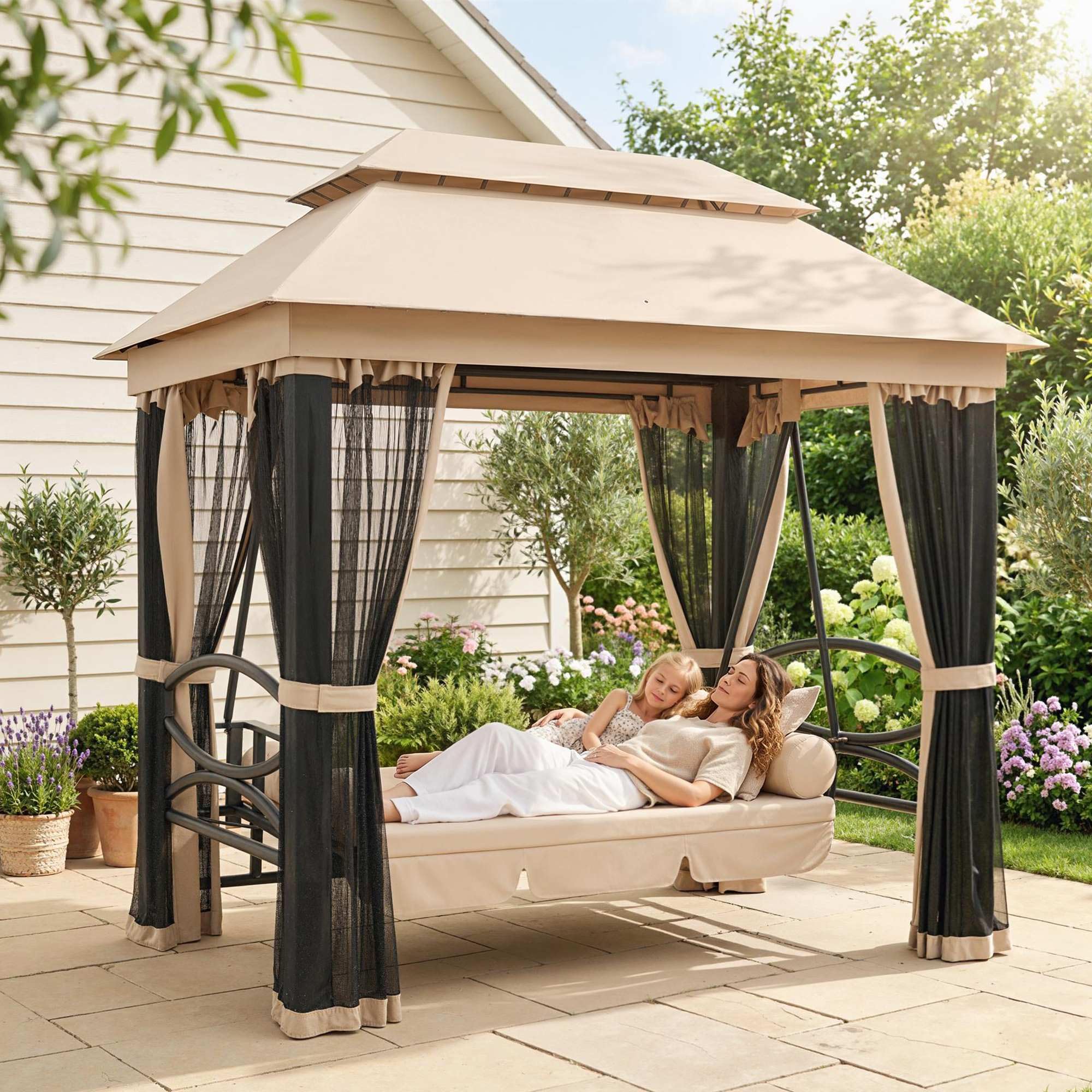 Outsunny Hollywoodschaukel Gartenschaukel Schaukel mit Seitenwänden 3-Sitzer Beige 256 x 172 x 248 cm