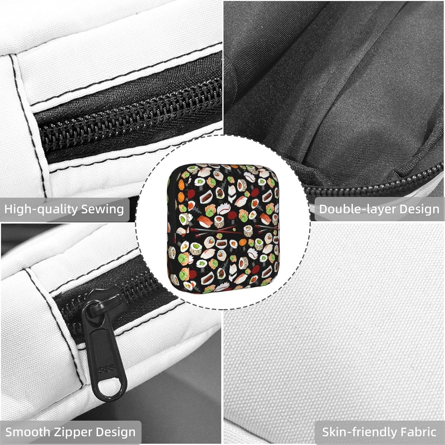 Japanese Sushi Black Print Women Period Bag Sanitary Pouch Portable Pad Pouch Tampon Holder Small Zipper Pouch Storage Bag