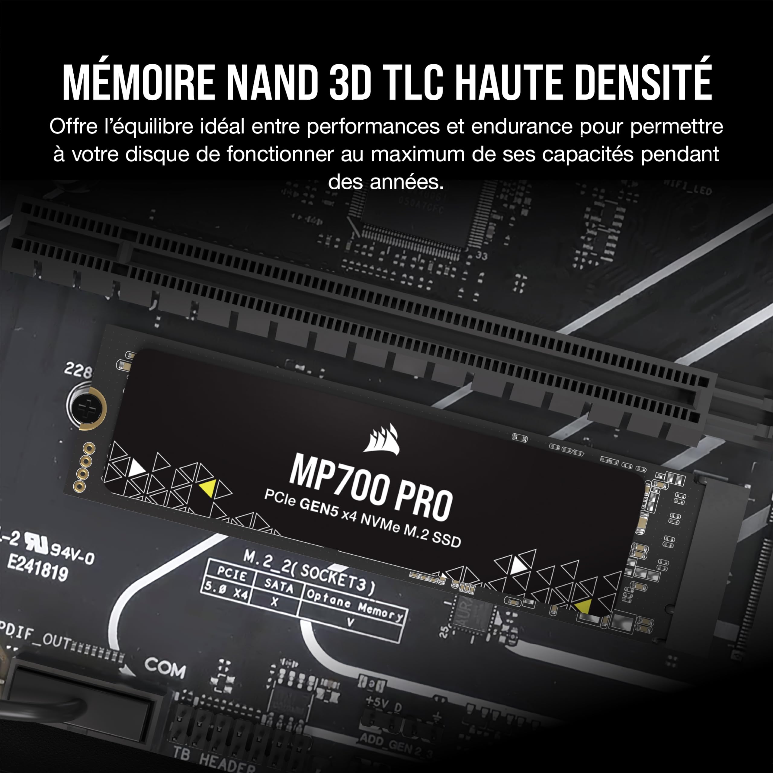 Corsair MP700 Pro 1 to M.2 PCIe Gen5 x4 NVMe 2.0 SSD - M.2 2280 - Jusqu'à 11 700 Mo/s en Lecture Séquentielle - TLC NAND Haute Densité - Noir