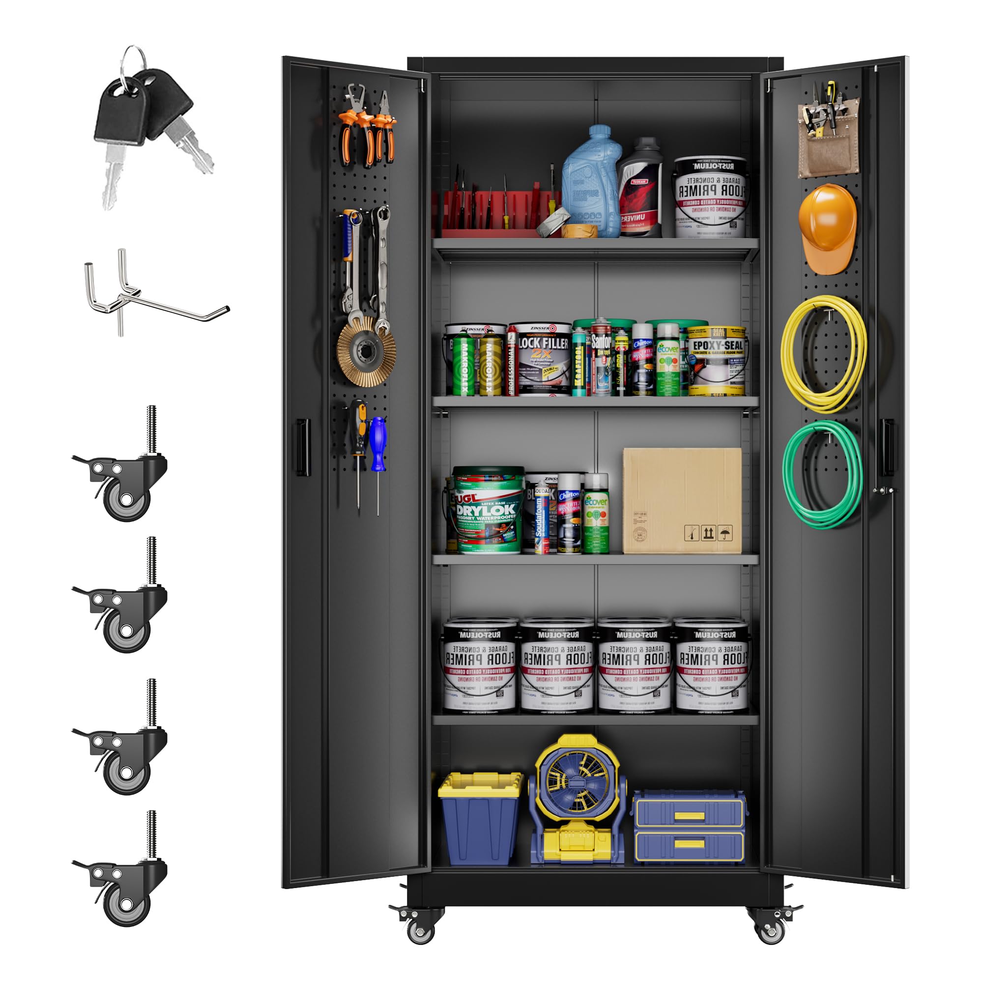Metal Storage Cabinet with Wheels, Pegboard and 4 Hooks, 73" H Garage Storage Cabinet with 4 Adjustable Shelves and 2 Lockable Doors for Garage Home Office, Assembly Required, Black
