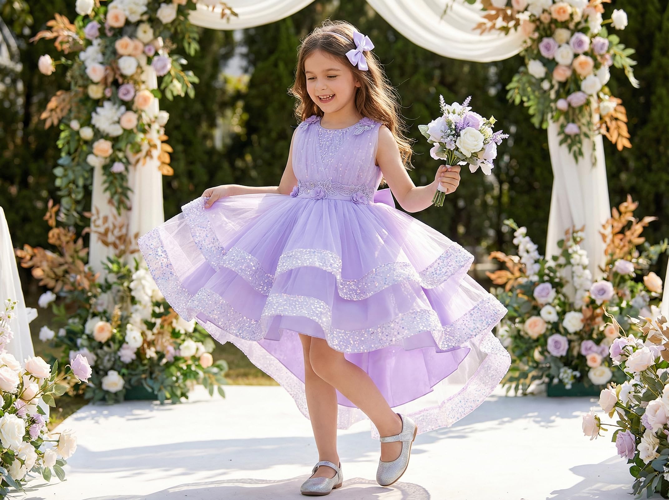 ABEHIK Mädchen Paillettenkleider mit Netzstoff, ärmellos, Poncho-Kleid für Party, Blumenmädchen, Tüll, Geburtstag, Hochzeitskleid