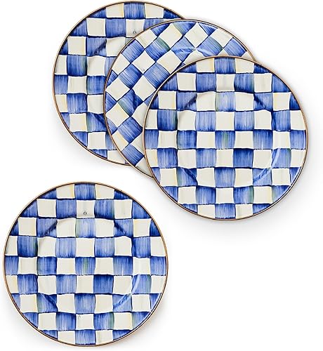 MACKENZIE-CHILDS Plato esmaltado para ensalada y postre, plato pequeño para un postre o plato de aperitivo, 8 pulgadas, juego de 4, cuadros reales