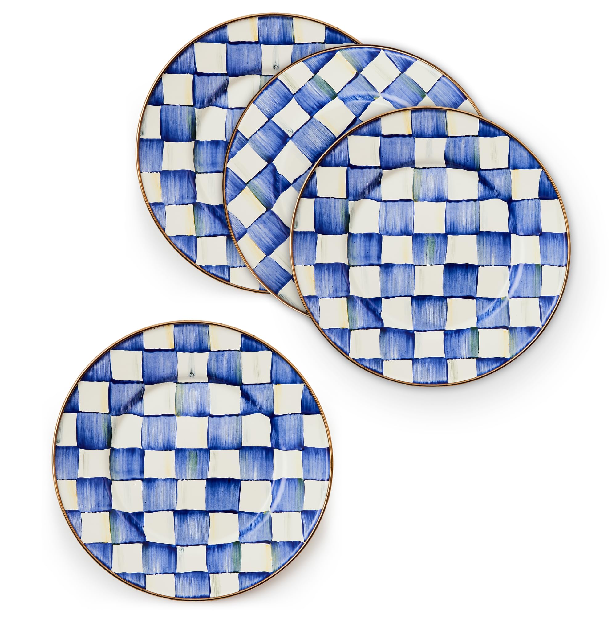 MACKENZIE-CHILDS Enamel Salad and Dessert Plate, Small Plate for a Dessert or Appetizer Dish, 8 Inches, Set of 4, Blue-and-White Royal Check