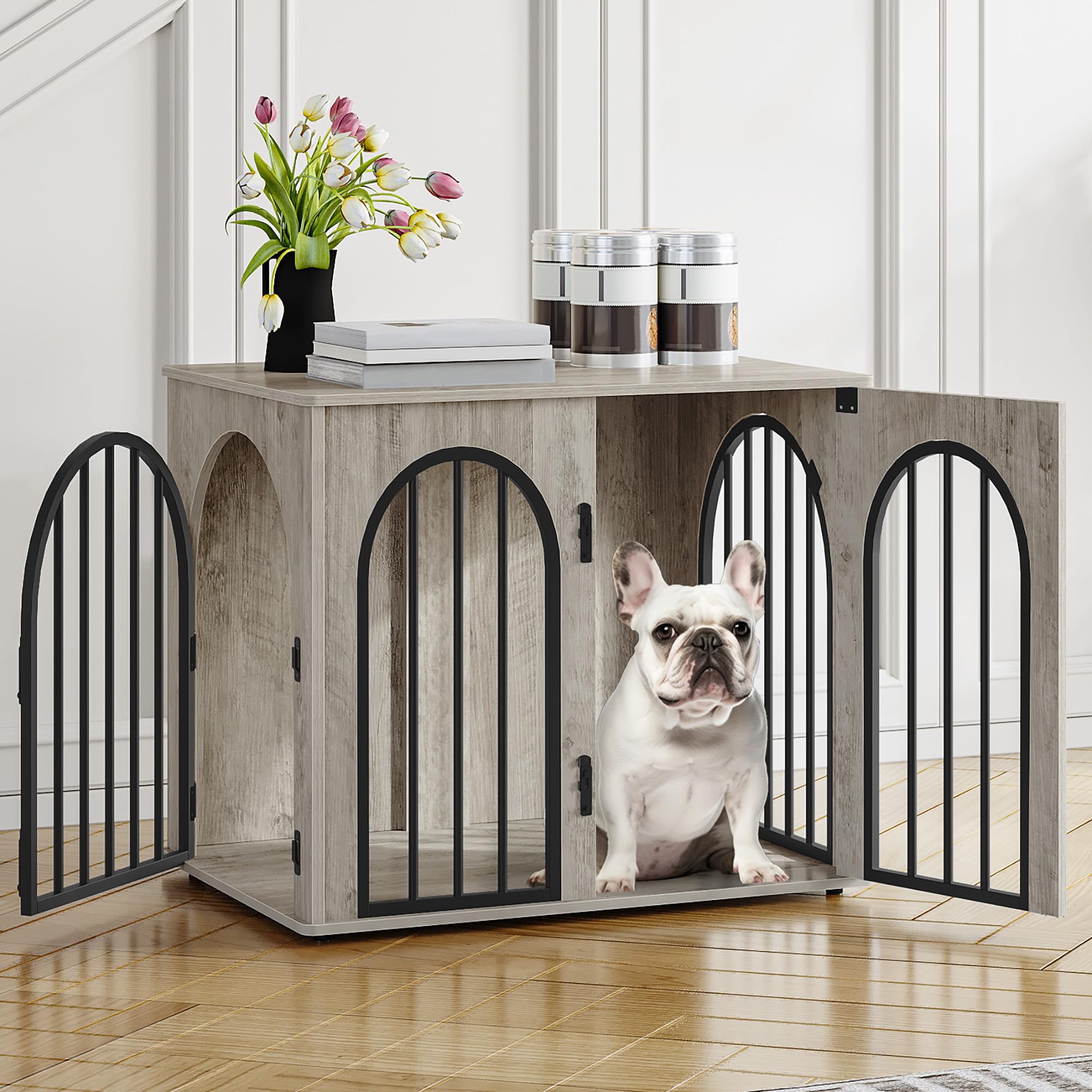 Cage pour Chiens 68cm Table d'Appoint Niche Moderne Intérieur 3 Portes Porte arquée 68 x 49 x 56 cm Ivoire Clair