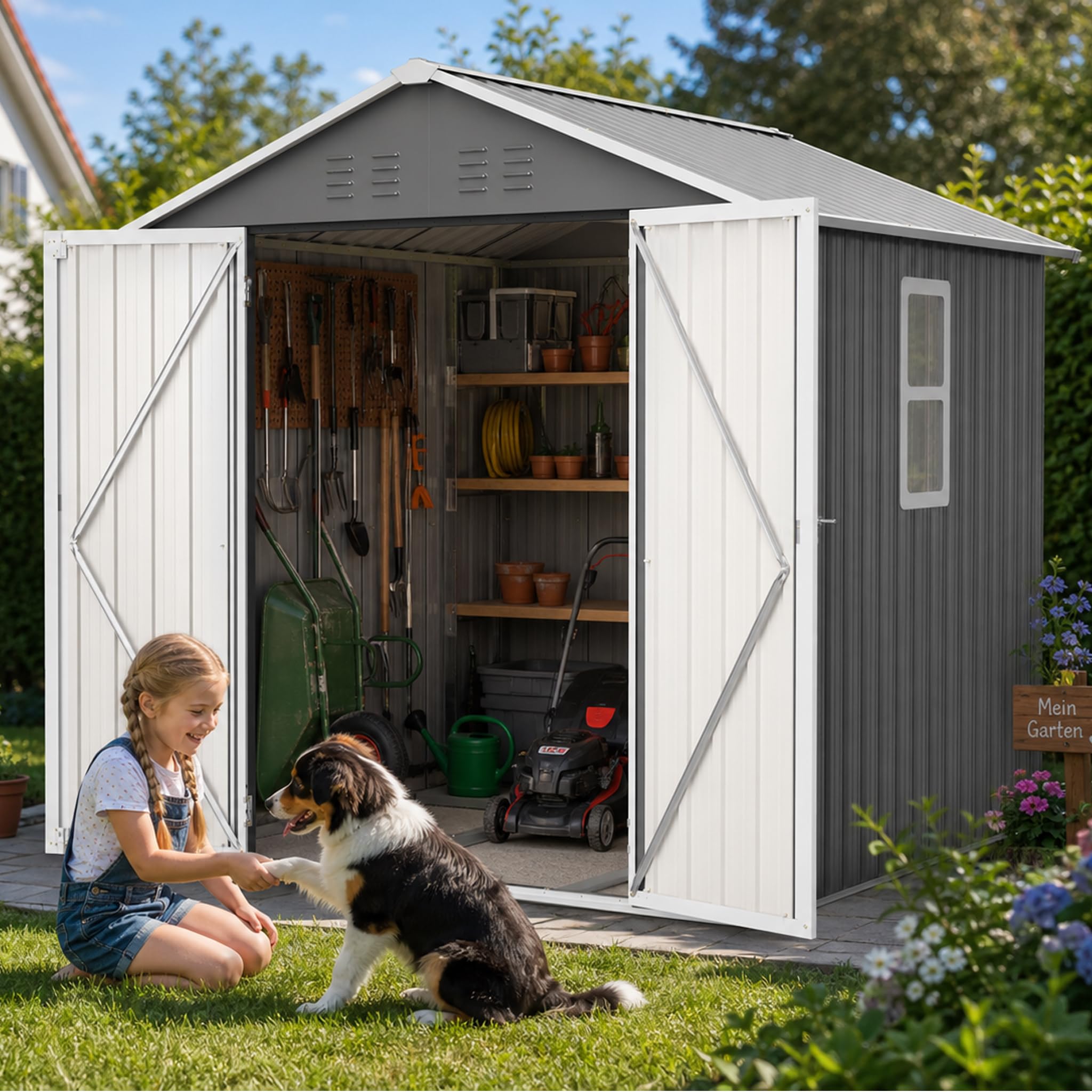 6x6 FT Gerätehaus aus Metall，Robuster Geräteschuppen mit Fenster&Belüftung