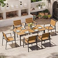 Oasbira 7-Piece Outdoor Patio Dining Set for 6 with Umbrella Hole - HDPS Wood-Like Table & Aluminum Chairs, Gray Teak Garden Furniture
