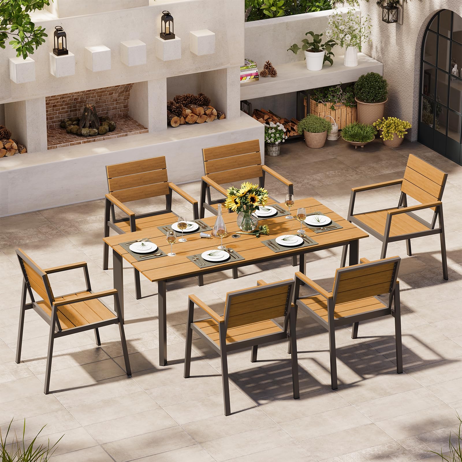Oasbira Outdoor Dining Set for 6, Patio Table and Chairs Set with Umbrella Hole, 7 Pieces HDPS Outdoor Furniture Sets for Patio, Garden, Backyard (Gray & Teak)