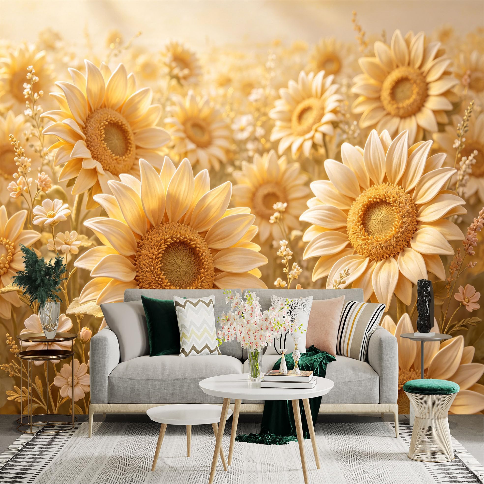Lnzczhyre Dbh260521940 Custom Size Wall Sticker Mural， Sunkissed Sunflower Field， Warm Golden Floral Meadow， Vintage Botanical Bloom， For Wall Decoration， Peelandstick Wall Decals.