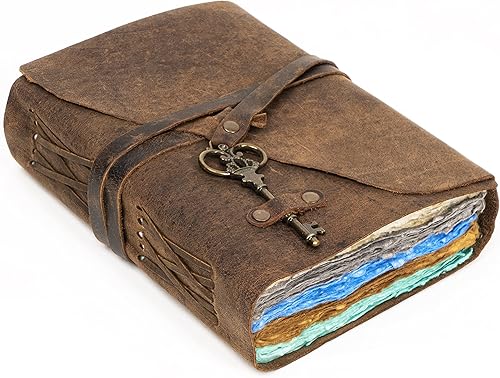 Diario de cuero vintage para mujeres y hombres 240 páginas papel multicolor con borde de cubierta con lazo para bolígrafo y llave libro de recortes