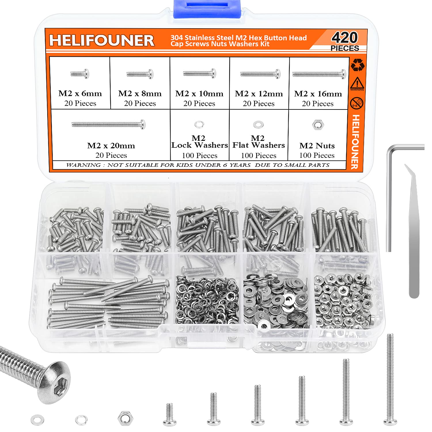 HELIFOUNER 420 Pieces M2 x 6mm /8mm /10mm /12mm /16mm /20mm, Hex Button Head Cap Metric Screws Bolts Washers Nuts Kit, 304 Stainless Steel