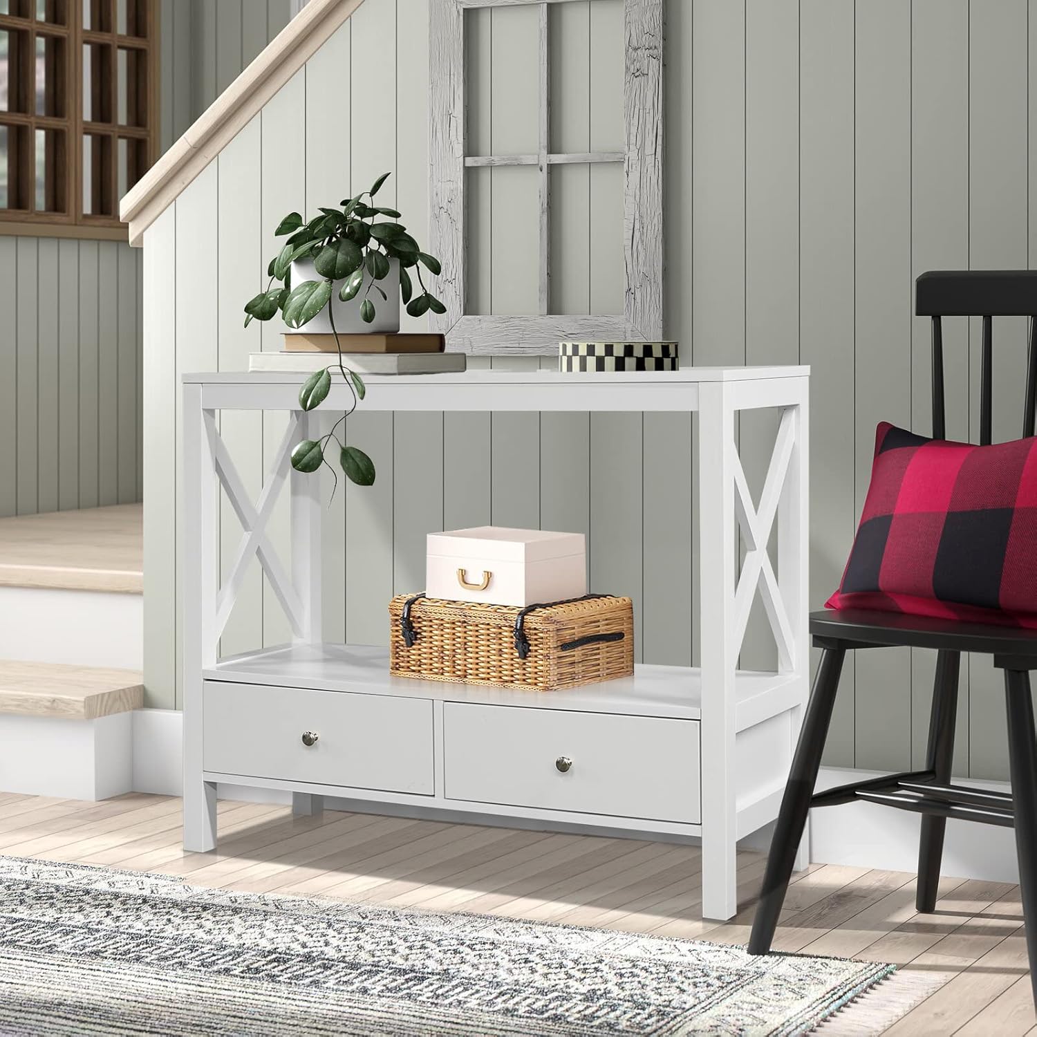 Ohsuaniy Console Table with 2 Drawers Small Entryway Table with Storage Shelf Narrow Modern Behind Couch Hallway Table Sofa Table for Living Room Wooden White : Home & Kitchen