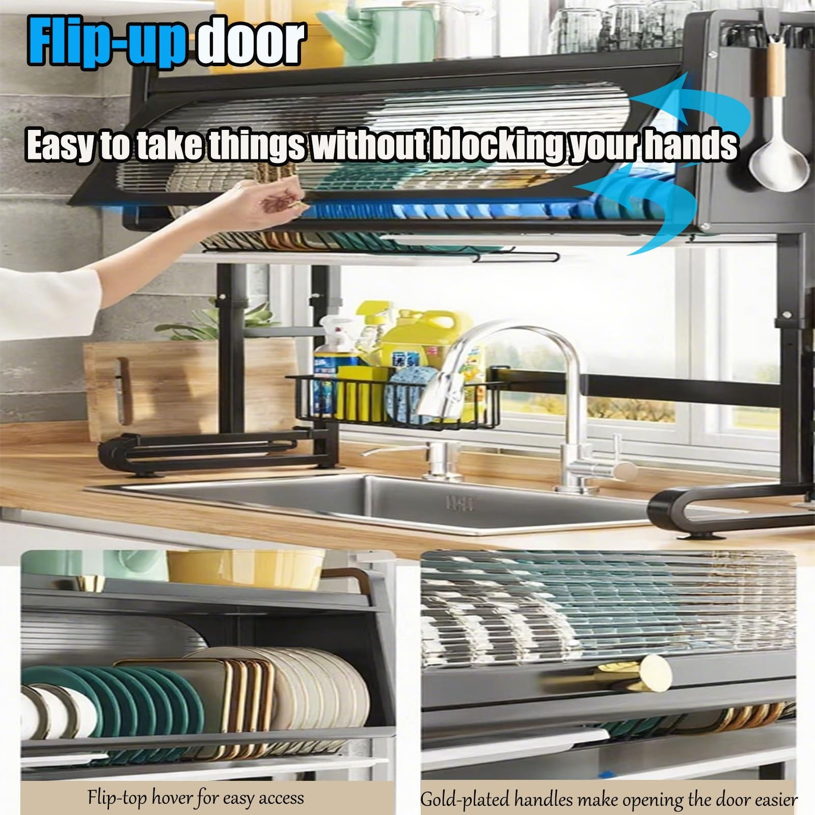 Scolapiatti a 3 Livelli con Coperchio, Altezza Regolabile - Nero, Modello Alto, 66 cm (Bianco, Modello Alto, 107 cm/42 cm)
