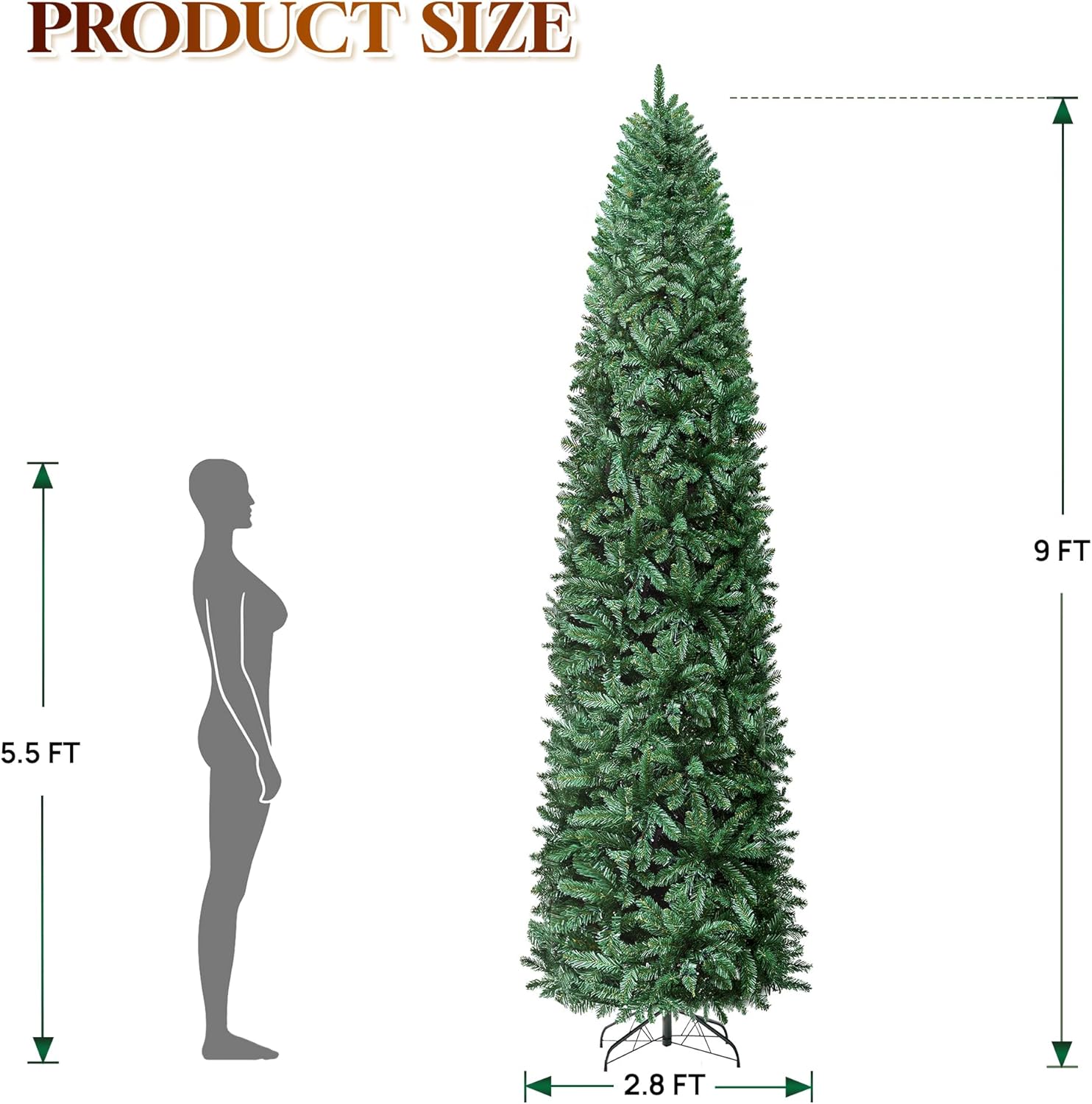 HOLLO STAR 9 ft Prelit Christmas Tree with 546 LED Lights, App Control, Artificial Pencil Christmas Tree with Multi-Color RGBW Lights, 1290 Branch Tips, Skinny Xmas Tree, Metal Base, for Home, Party