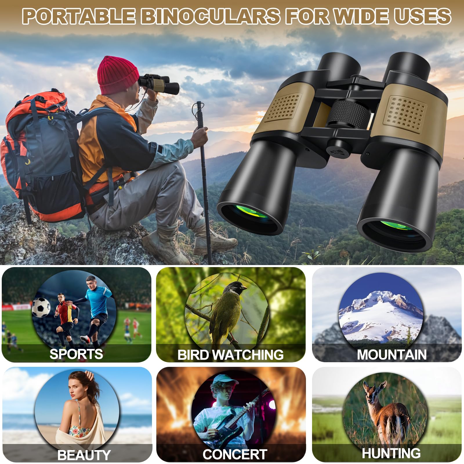 Jumelles 20x50 pour Adultes, Jumelles étanches HD avec Prisme BAK4 et Objectif FMC, Portables Télescope pour l'observation des Oiseaux, Football, Concerts, avec Adaptateur pour Smartphone