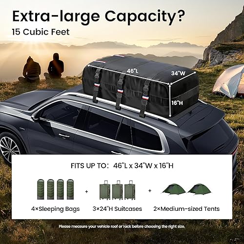 Miniatura 5 de Kylinlucky Bolsa de carga para techo de 15 pies cúbicos  IPX6 impermeable, 1200D de triple capa, ajuste universal para automóviles y SUV (no