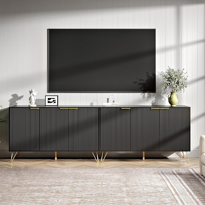 94.5 Inch Fluted TV Stand with 2 Storage Cabinets, Black丨Modern TV Stands, Entertainment Center with Adjustable Shelves & Gold Handles, Wood Media Console for Living Room image 2
