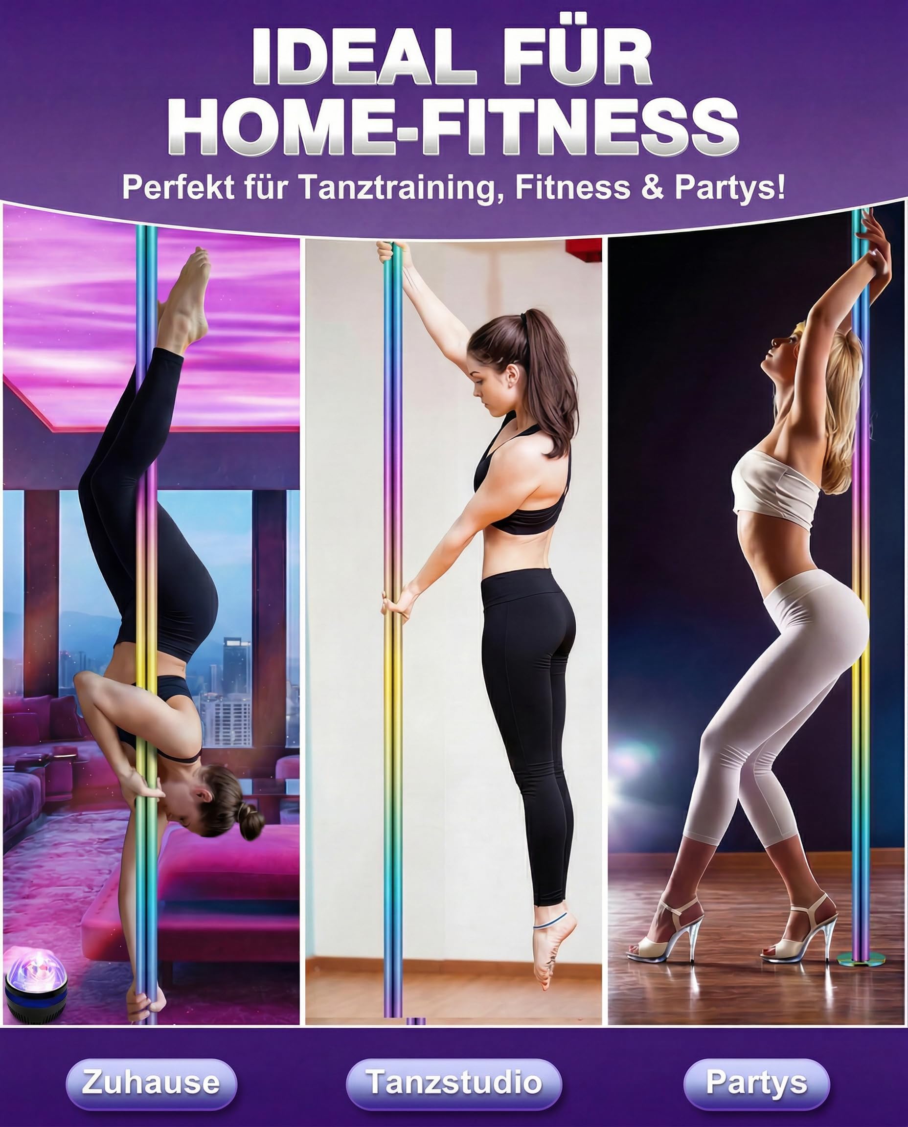 WantJoin Pole Dance Stange 45mm, Tanzstange Höhenverstellbar 224-275 cm, Statisch & Spinning, Verchromter Stahl,Poledance Set für Zuhause, Fitnessstudio, Indoor, Club und Party, Ohne Bohren