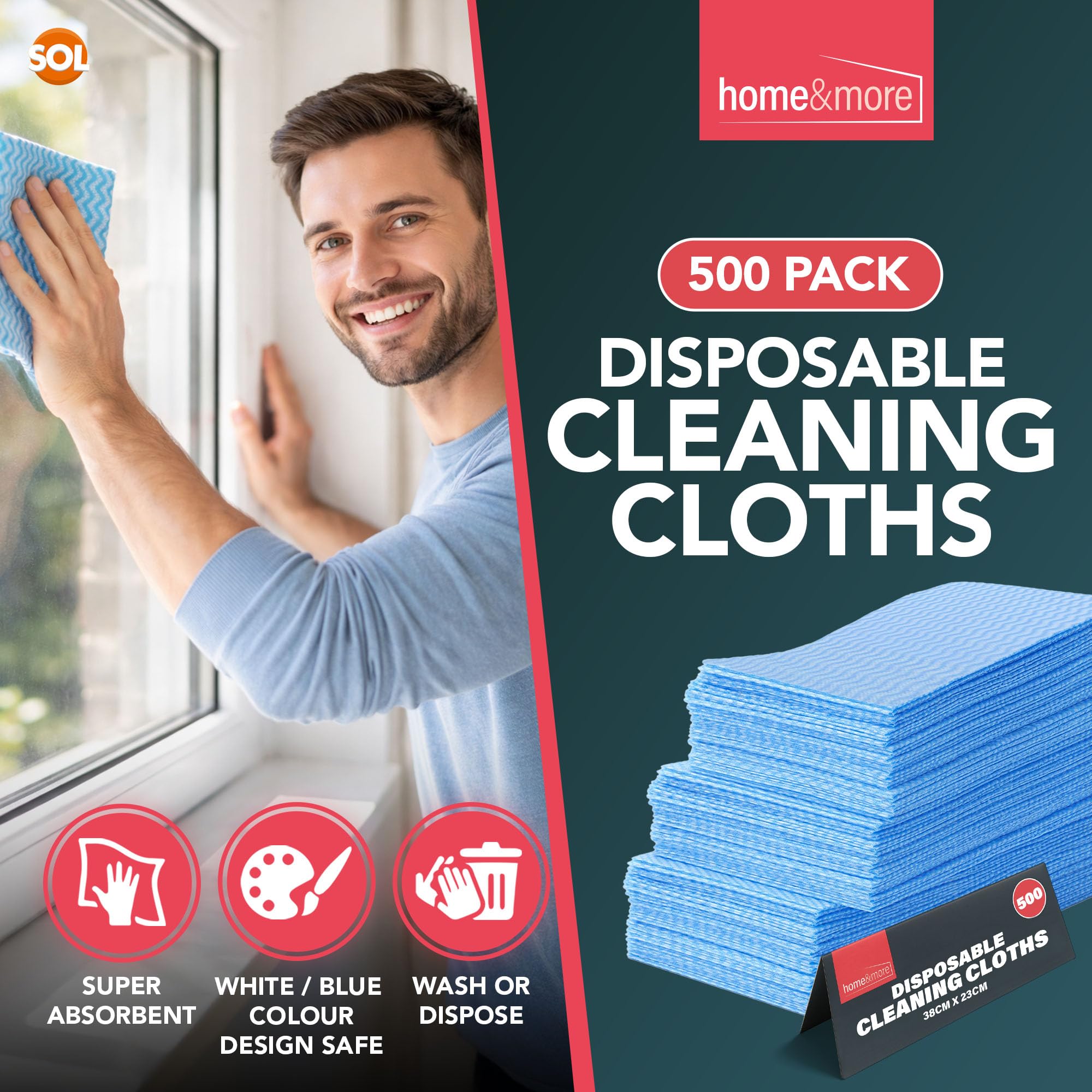 SOL Confezione da 500 Panni Multiuso, Panni Blu Usa e Getta, Morbidi e Delicati per Superfici Delicate, Ideali per Pulire Cucina, Finestre e Vestiti