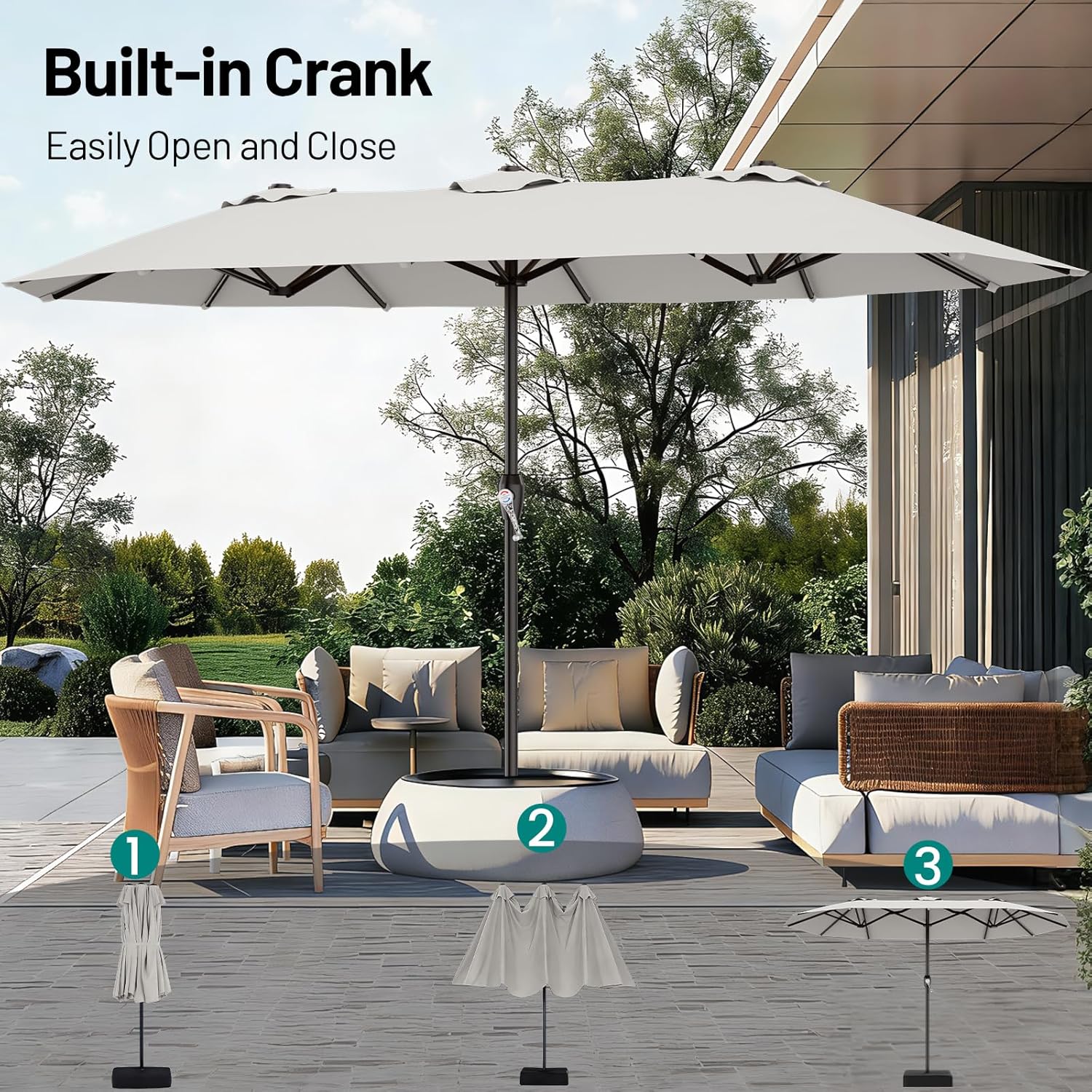 AreShark 15FT Outdoor Patio Umbrella with Crank, Large Rectangular Market Umbrella, Double-Sided Outdoor Umbrellas with Cross Base & Sandbag for Porch, Lawn, Pool, Backyard, Light Gray