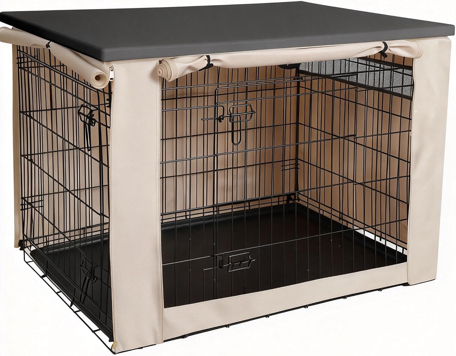 hicaptain breathable dog crate cover with plastic crate topper 42 inch, durable heavy duty kennel cover, dual zippered panels, windproof waterproof uv-resistant (brown topper, beige cover) brown topper & beige cover large
