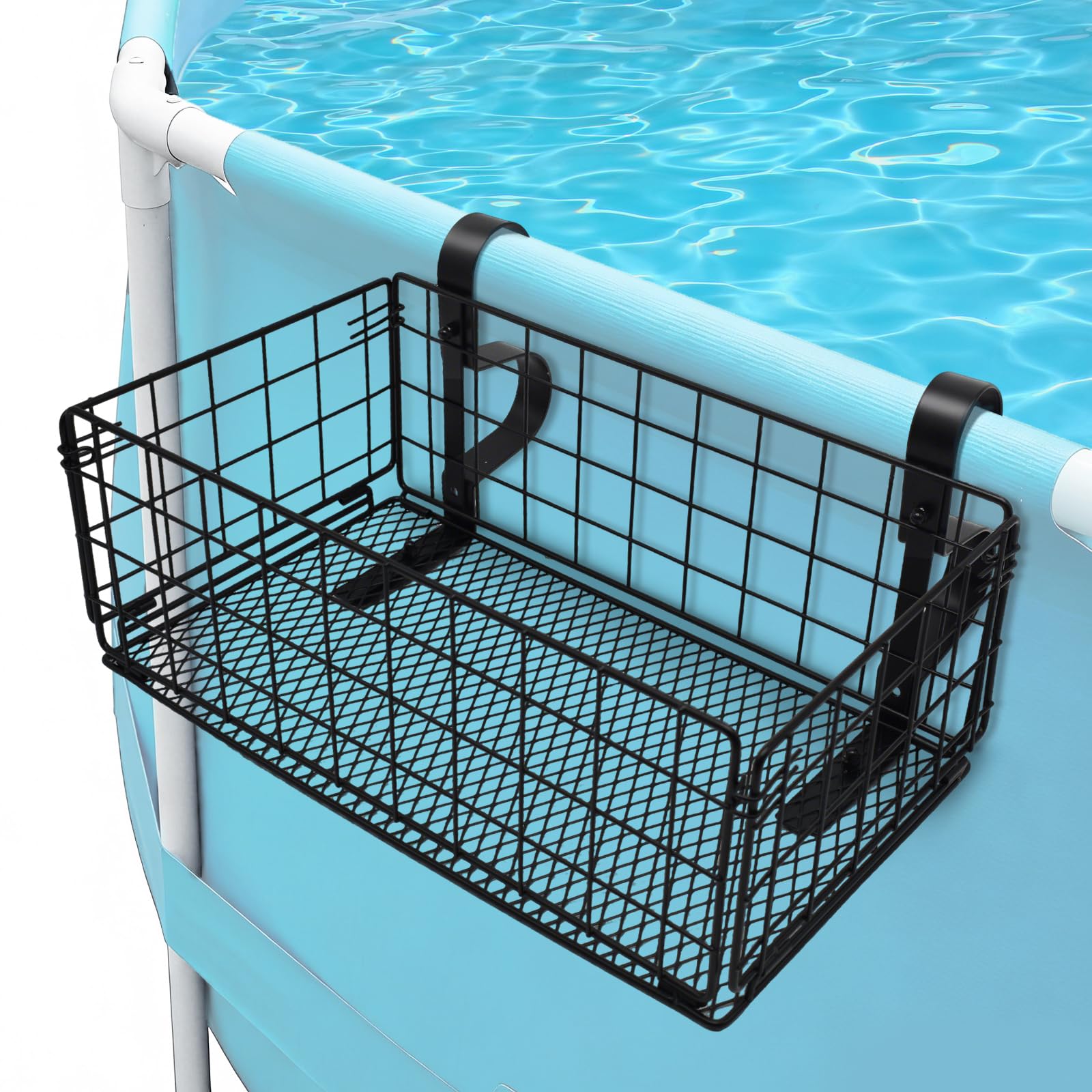 Panier de Rangement au Bord de la Piscine, Pliable Panier Rangement Piscine Hors Sol en Métal Motif Ajouré Accessoire de Piscine pour Les Jouets de Piscine, Les Serviettes, Les Boissons