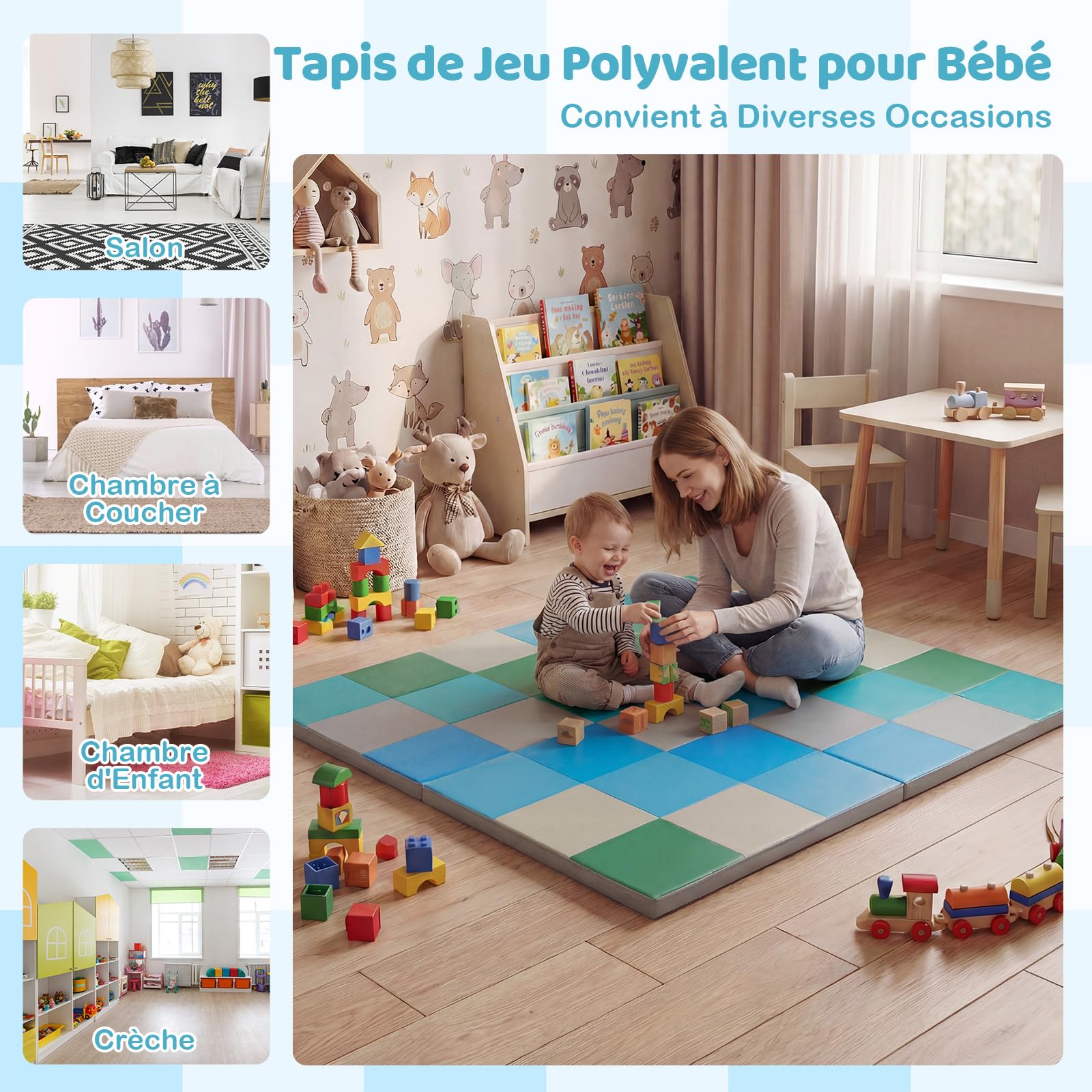 DREAMADE Tapis D'éveil Bébé Pliable 3,5 cm, 144 x 144 cm Tapis de Jeu Antidérapante avec Fermeture Éclair (Bleu)