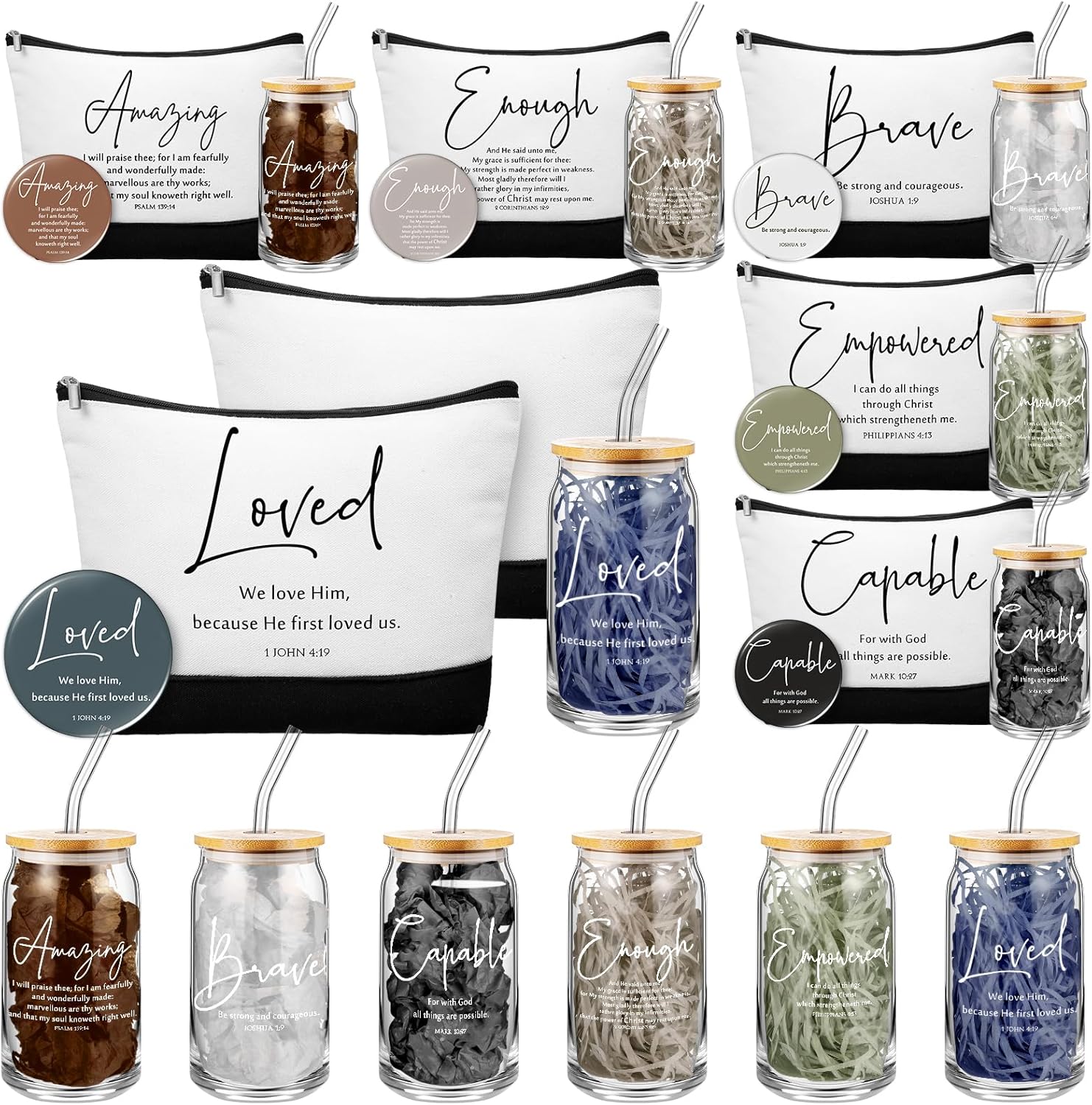 Fumete 6 Sets Christian Women Gift Set Bulk Glass Cup Tumblers Lid Straw Makeup Cosmetic Bag Religious Mini Mirror Easter Church Gift for Pastors Wife Sunday School Teacher(Bible Words,Black)